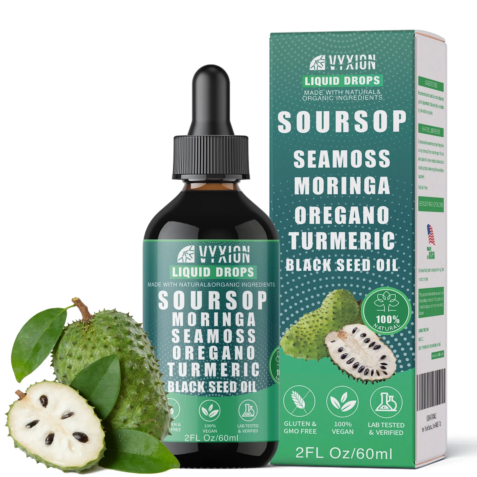 2-Piece Set VYXION Pure Soursop 10 in 1 Liquid Drops Extract - Seamoss,Moringa,Black Seed Oil,Turmeric,Oregano Liquid Drops for Immune System and Gut Health Support