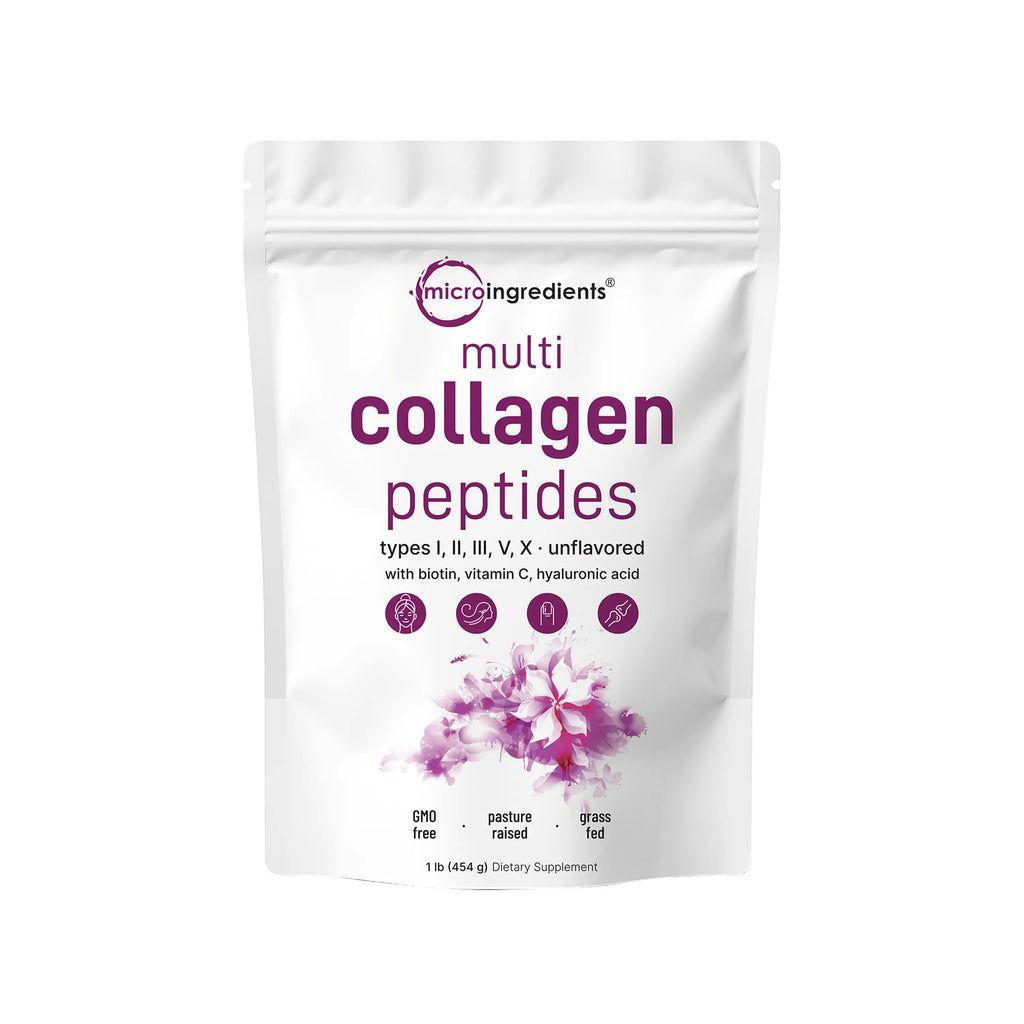 2-Piece Set Micro Ingredients Multi Collagen Peptides Powder - Hydrolyzed Protein Peptides (Type I,II,III,V,X) with Hyaluronic Acid, Biotin & Vitamin C Unflavored
