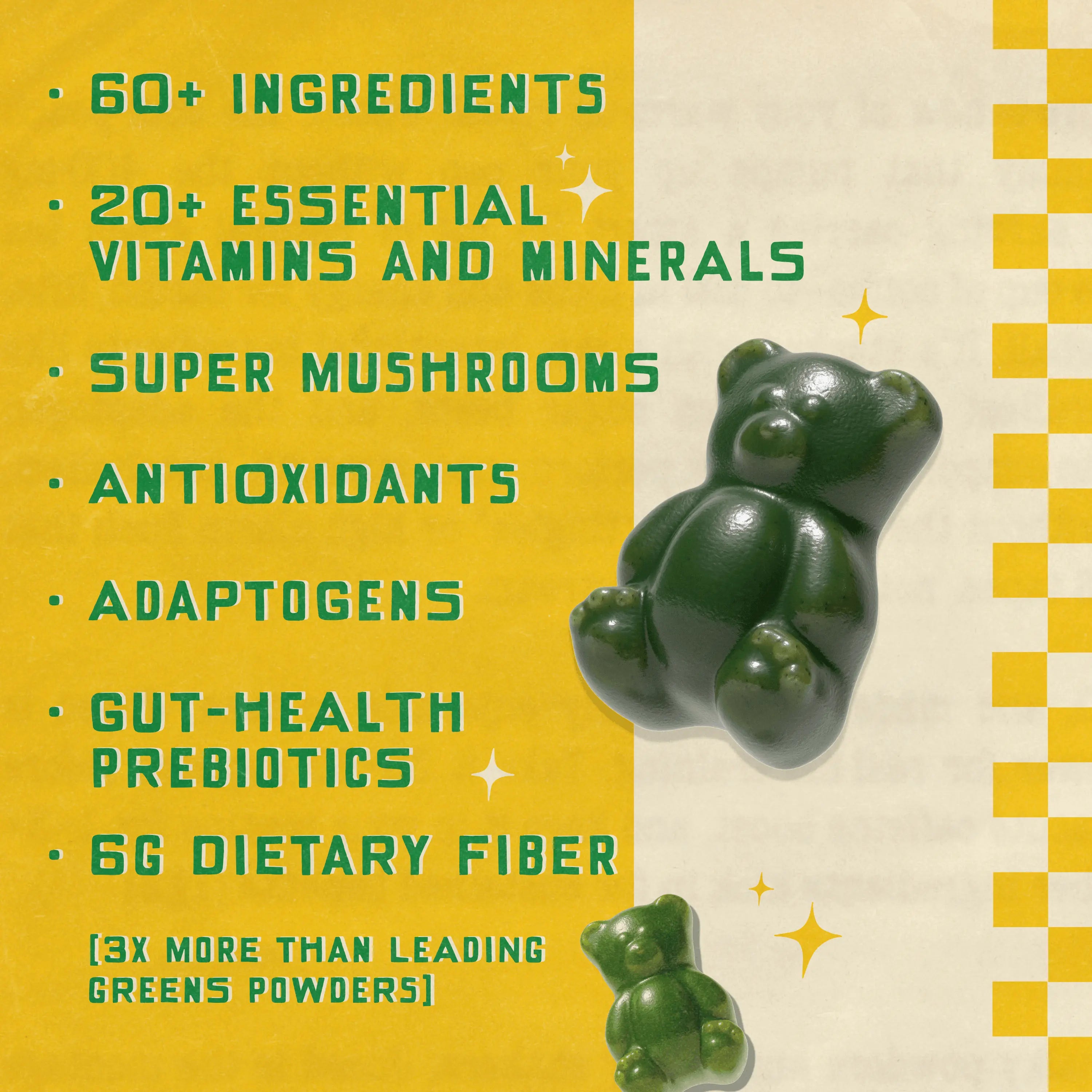 2-Piece Set Grüns Superfood Greens Gummies: Comprehensive nutrition supplement with 60+ ingredients: Vitamins and Minerals, Prebiotics for Digestive Health, Adaptogens, Chlorophyll, Chlorella, Fruits and Vegetables, Gluten Free, Vegan, Third Party Tested