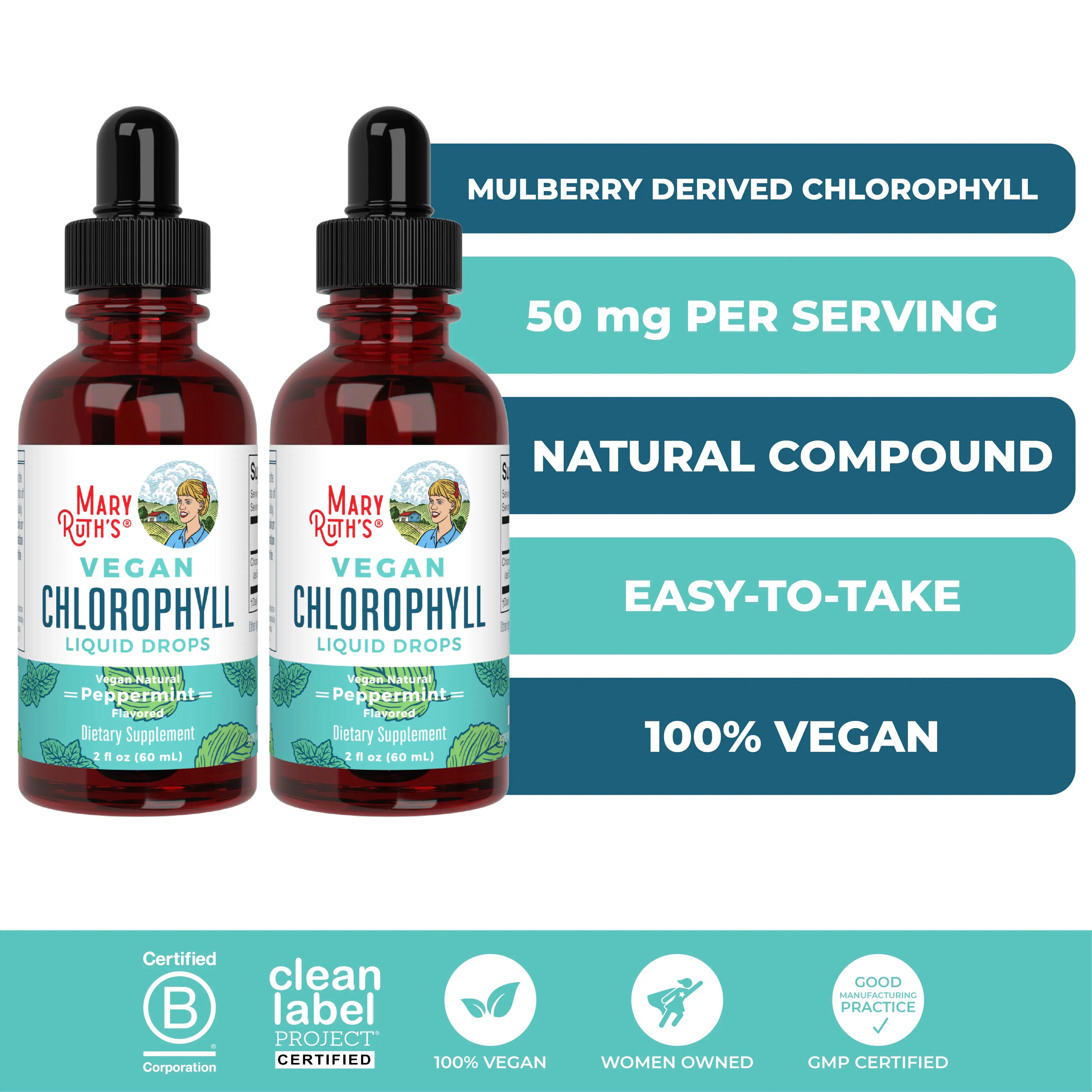 2-Piece Set MaryRuth's Vegan Chlorophyll Liquid Drops - Non-Diluted Liquid Chlorophyll - Mulberry Derived Supplement - Non-GMO - Delicious Minty Flavor - 2 Fl Oz