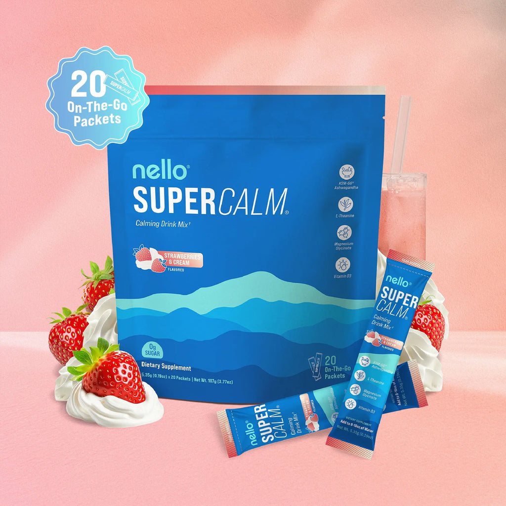 2-Piece Set Nello Supercalm Calming Drink Mix with KSM-66 Ashwagandha Vitamin D3 Magnesium & L-Theanine Supports Cortisol Balance Mood Sleep 20 Servings Travel Packets Dietary Supplement