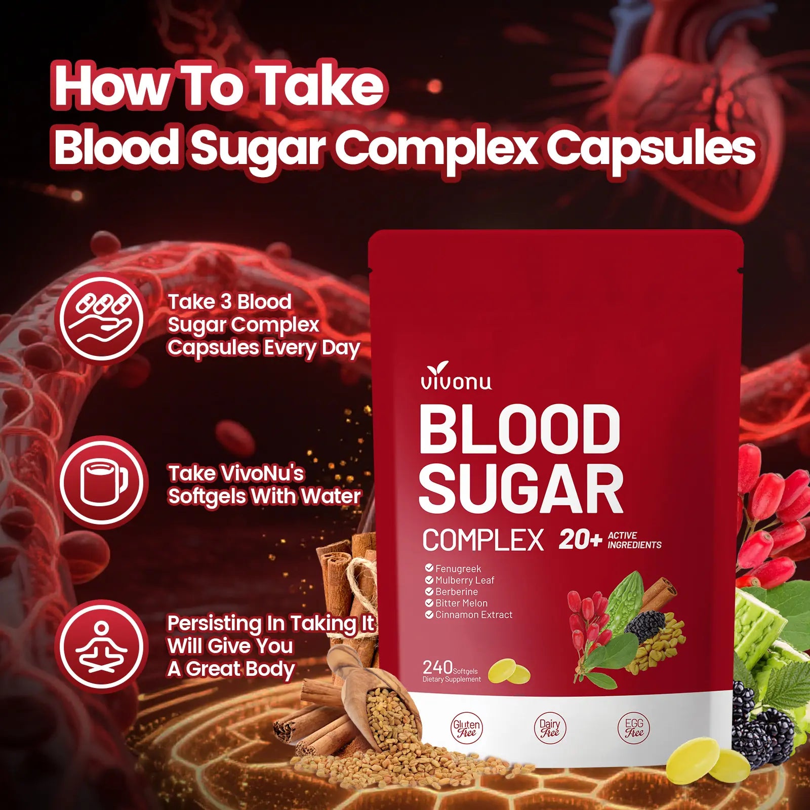 2-Piece Set VIVONU BLOOD SUGAR COMPLEX –Blood Sugar Balance | Antioxidant Support | Metabolic Support | Enhanced Absorption | Bitter Melon + Turmeric + Cinnamon + Mulberry Leaf + Berberine + Fenugreek | 240 Capsules per Bag mothersdaygift