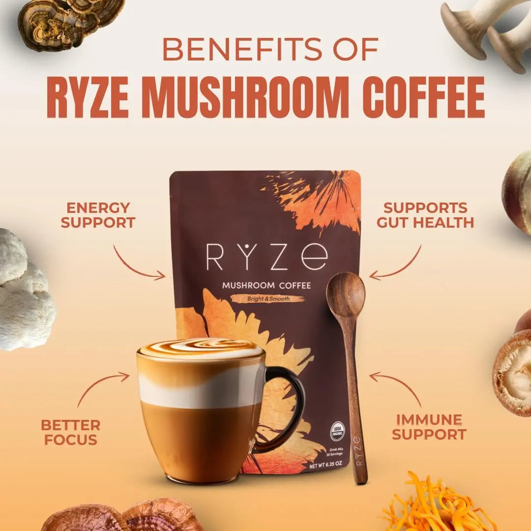 2-Piece Set RYZE SUPERFOODS Mushroom Medium Roast Coffee USDA Organic with 6 Adaptogenic Mushrooms, USA Grown Instant Coffee for Better Energy, Focus Digestion Immunity with Lions Mane & Turkey Tail 30 Servings