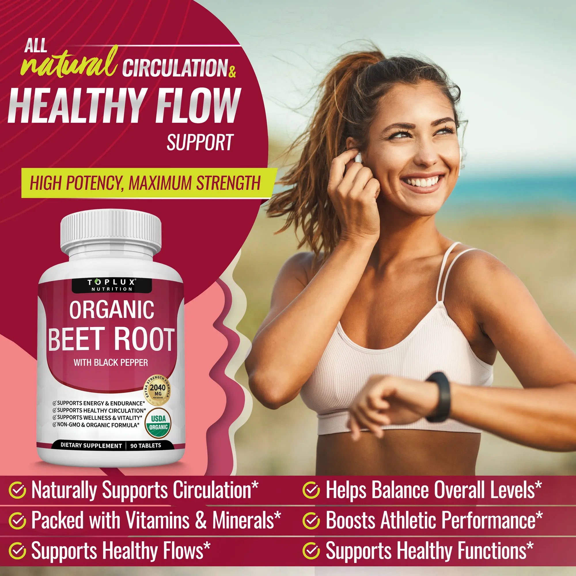 2-Piece Set Toplux Organic Beet Root Tablets -  Nitric Oxide Booster Beetroot Supplement 2040mg