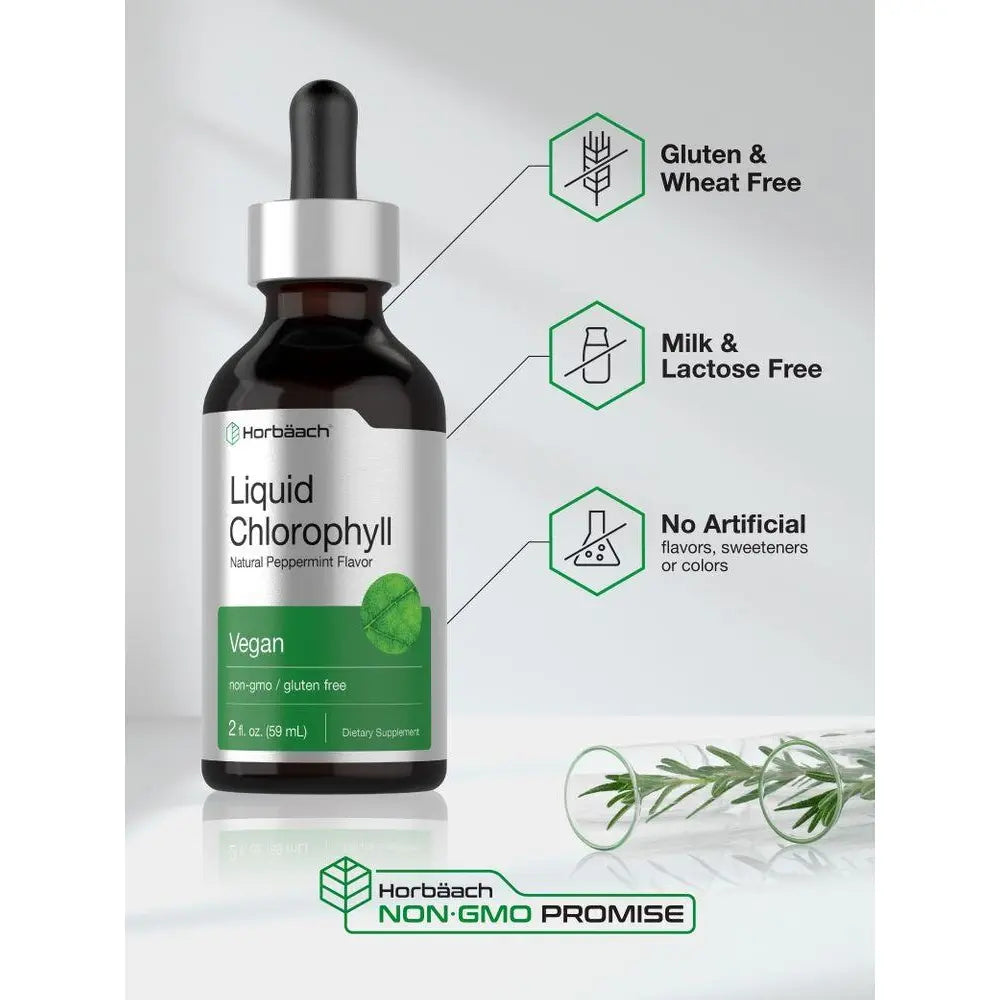 2-Piece Set Horbäach Liquid Chlorophyll Drops - 2 oz - Vegan, Non-GMO, and Gluten Free Formula - Natural Peppermint Flavor