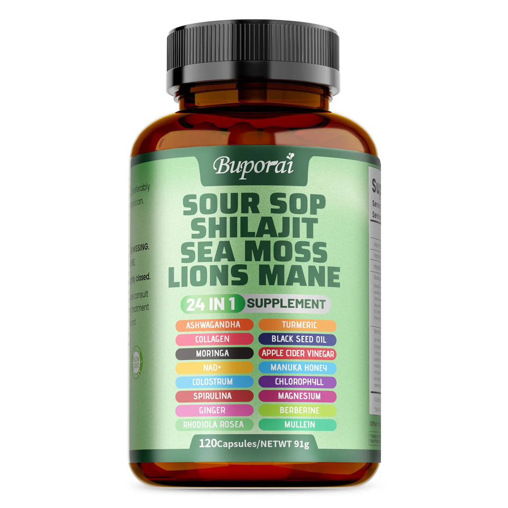 2-Piece Set Soursop Dietary Supplement, rich in antioxidants, 120 capsules per bottle, with added shiitake mushroom, seaweed, and lion's mane mushroom, 24 in 1, supports skin, joint, and bone health.