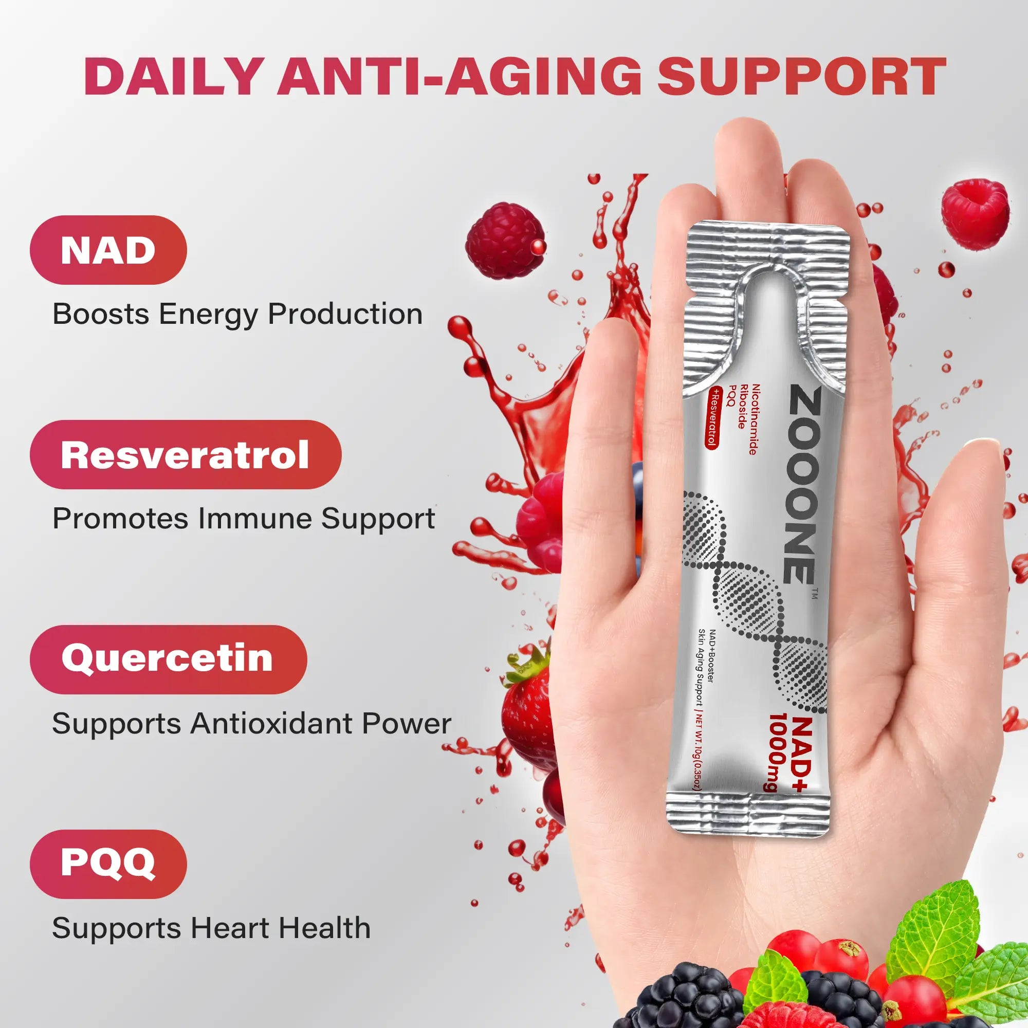 2-Piece Set ZOOONE NAD+ Drink Mix 1000mg, Berry Flavor | Nicotinamide Riboside & Resveratrol Supplement, DNA Repair, Anti-Aging for Skin, Boost Cellular Energy & Focus, 30 Packets for Men & Women