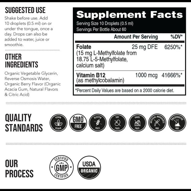 2-Piece Set L Methyl Folate 15mg + B12 Cofactor – Organic, Berry Flavor, Professional Strength, Liquid Active 5-MTHF Form, Supports Mood, Methylation, & Cognition fitness dietary