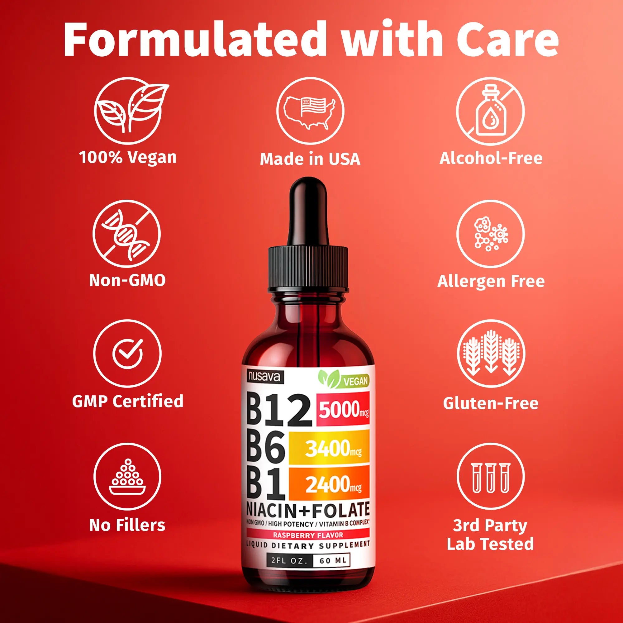 2-Piece Set (1-PACK) Vitamin B12 Liquid Supplement Drops with B6, B1, Niacin & Folate - Edible Support for Energy, Brain & Heart, Non-GMO & Gluten-Free, 4 FI Oz