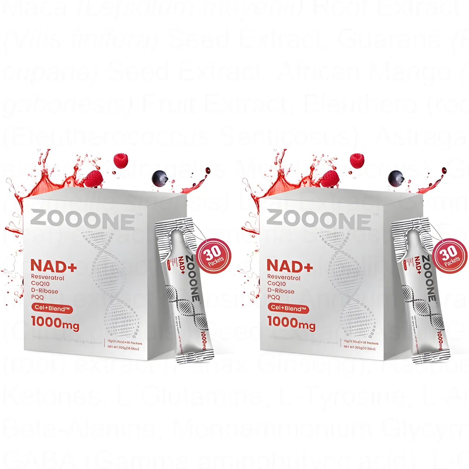2-Piece Set ZOOONE NAD+ Drink Mix 1000mg, Berry Flavor | Nicotinamide Riboside & Resveratrol Supplement, DNA Repair, Anti-Aging for Skin, Boost Cellular Energy & Focus, 30 Packets for Men & Women