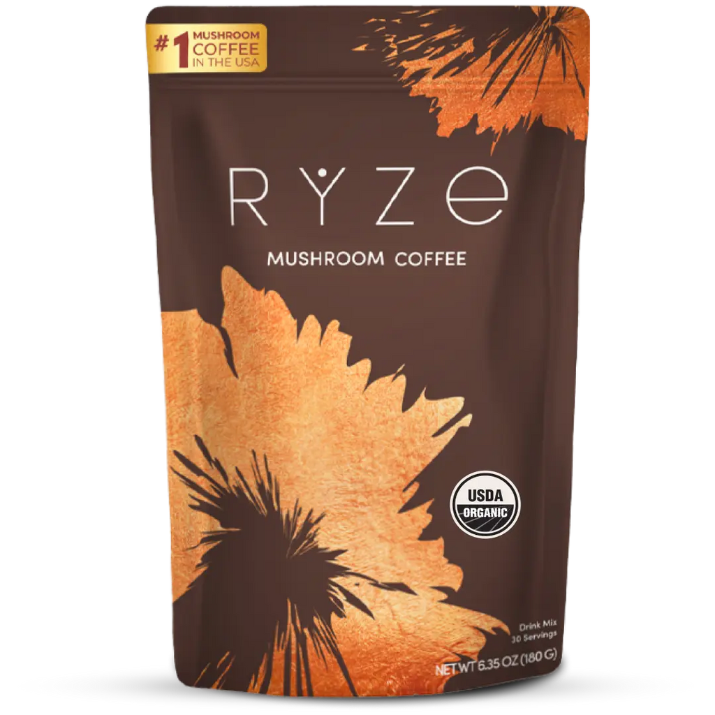 2-Piece Set RYZE SUPERFOODS Mushroom Medium Roast Coffee USDA Organic with 6 Adaptogenic Mushrooms, USA Grown Instant Coffee for Better Energy, Focus Digestion Immunity with Lions Mane & Turkey Tail 30 Servings