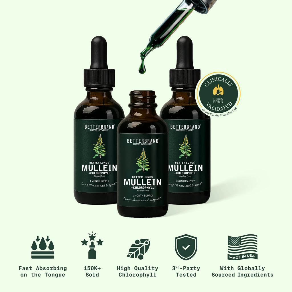 2-Piece Set Betterbrand Mullein Leaf & Chlorophyll Drops for Lung Detox & Mucus Cleanse - 30 Servings - Clinically Studied Natural Liquid Herbal Supplement for Respiratory Wellness