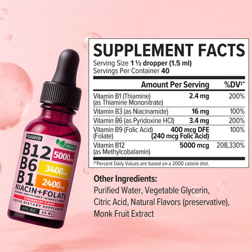 2-Piece Set (1-PACK) Vitamin B12 Liquid Supplement Drops with B6, B1, Niacin & Folate - Edible Support for Energy, Brain & Heart, Non-GMO & Gluten-Free, 4 FI Oz