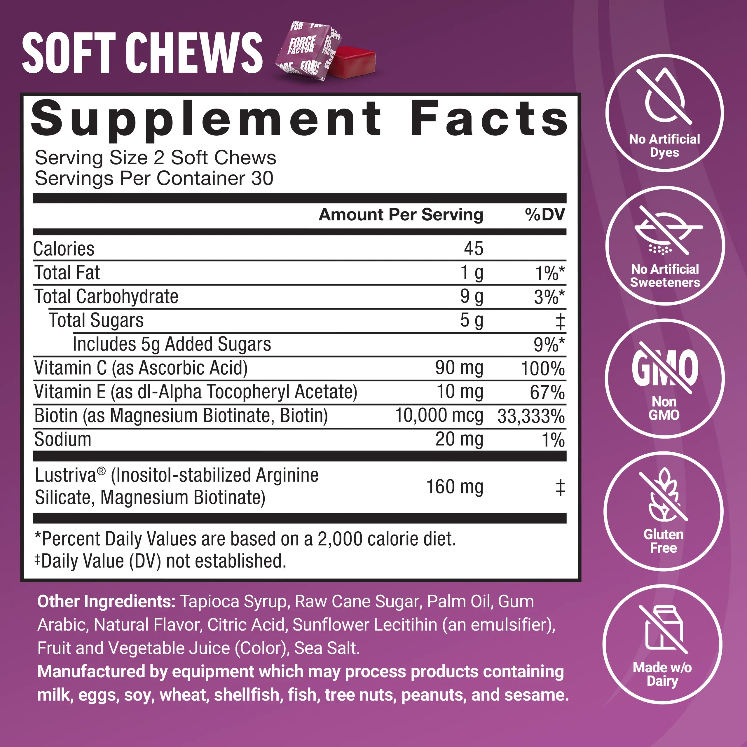 2-Piece Set Force Factor Hair Growth Accelerator with Clinically Studied Lustriva to Promote Thicker, Stronger Hair, Biotin, Vitamin E & C, Mixed Berry, Soft Chew or Capsule
