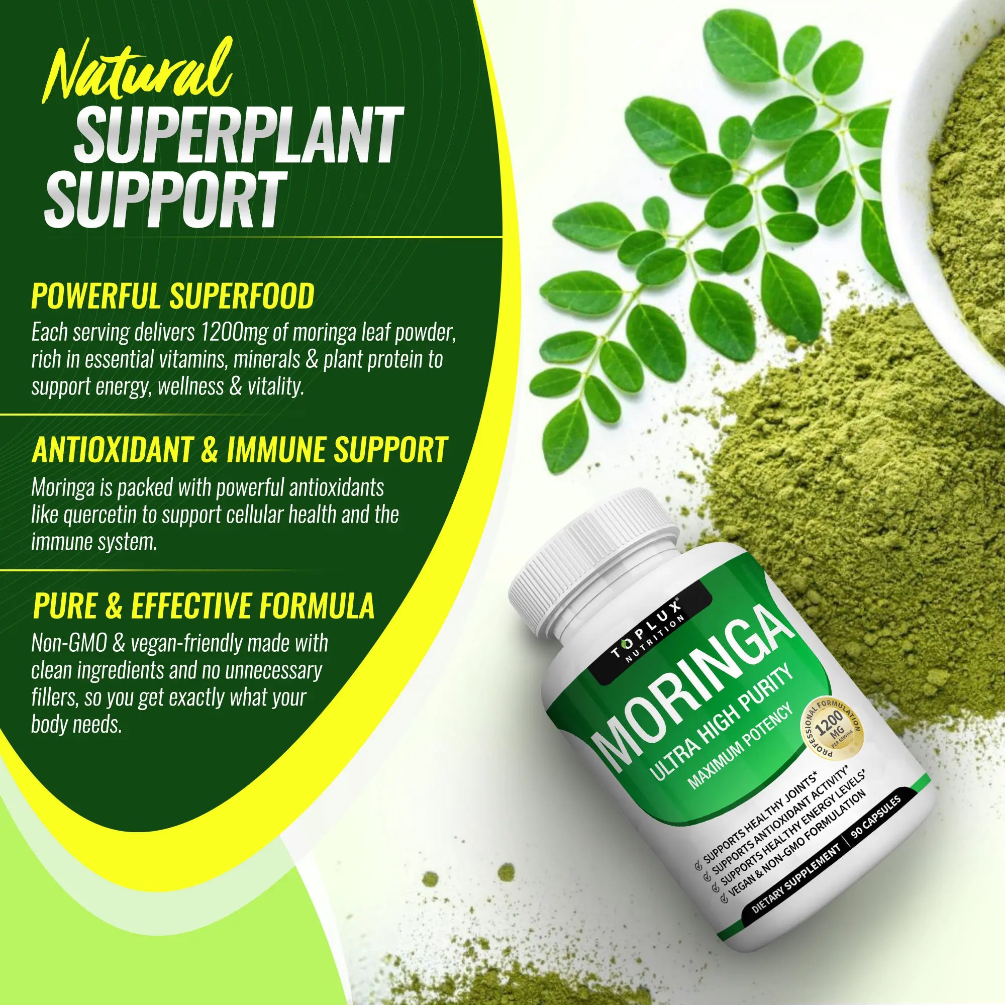 2-Piece Set Toplux Moringa Capsules 1200mg - Pure Moringa Powder for Immune, Gut health 90 Capsules