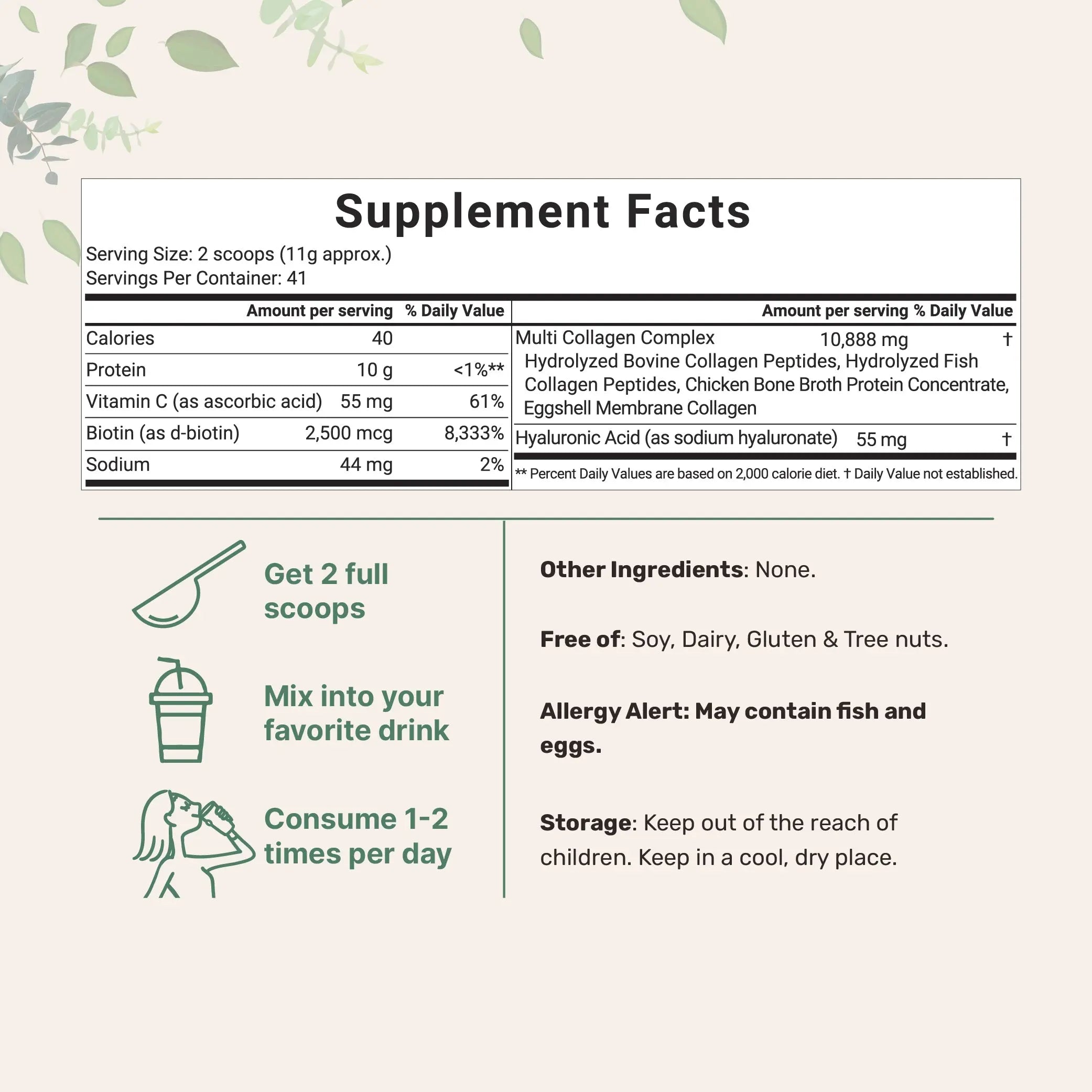 2-Piece Set Micro Ingredients Multi Collagen Peptides Powder - Hydrolyzed Protein Peptides (Type I,II,III,V,X) with Hyaluronic Acid, Biotin & Vitamin C Unflavored