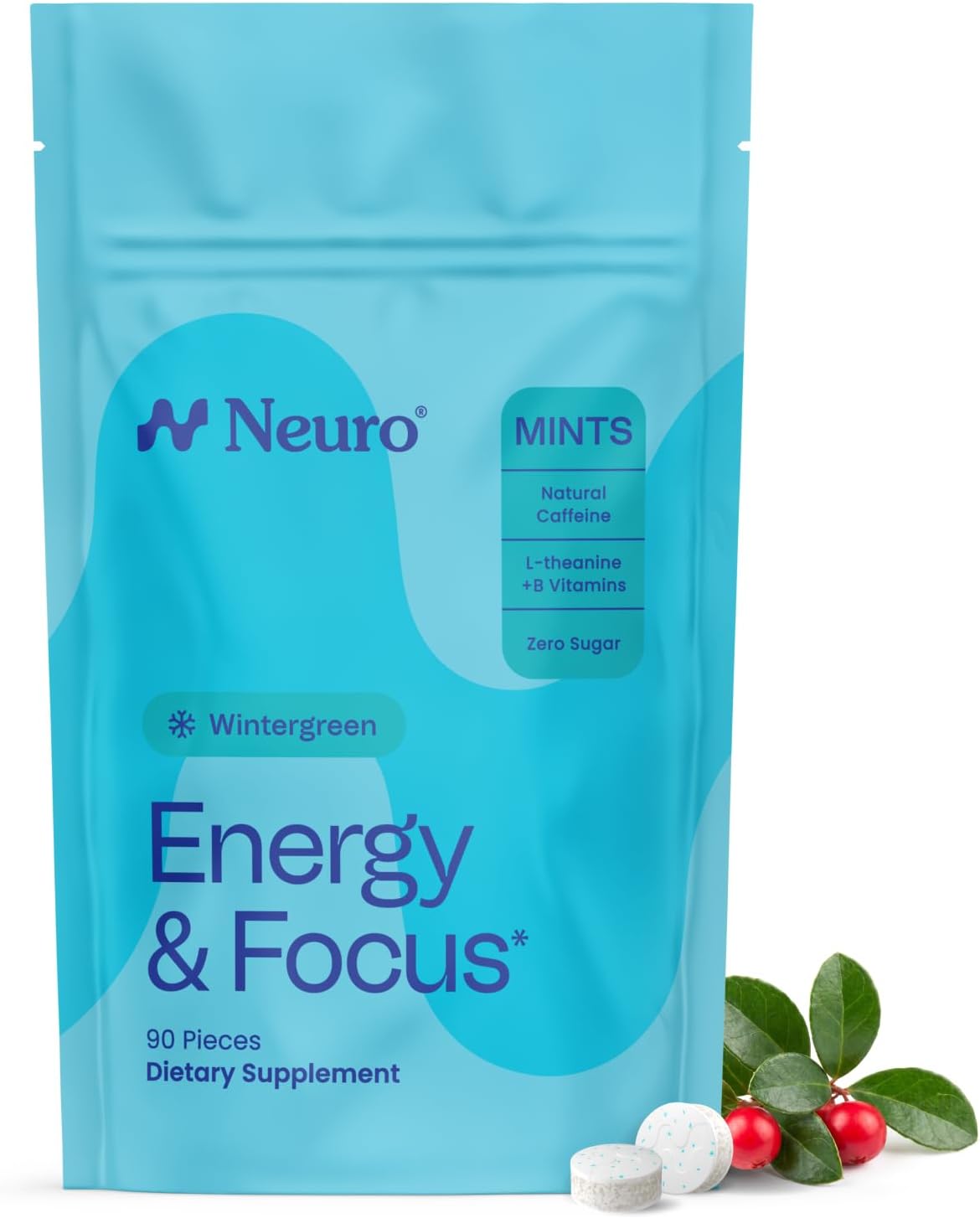 2-Piece Set Neuro Peppermint Energy & Focus Gum/Mints (90 Pieces) - Sugar Free with Natural Caffeine, L-theanine, Vitamin B12 & Vitamin B6
