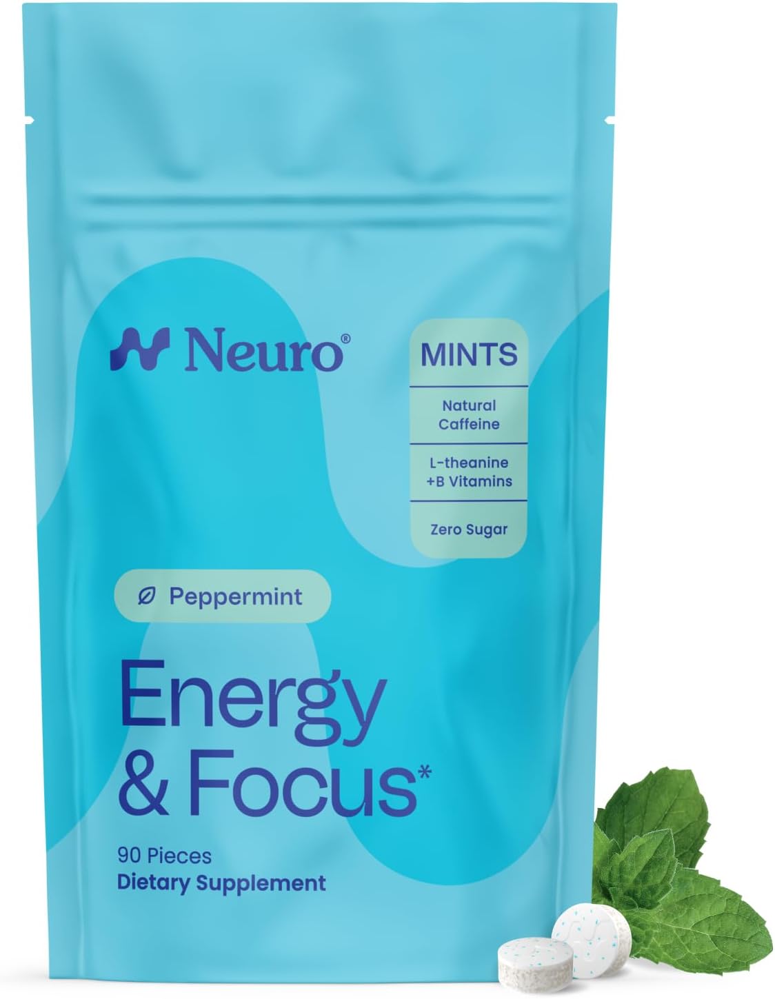 2-Piece Set Neuro Peppermint Energy & Focus Gum/Mints (90 Pieces) - Sugar Free with Natural Caffeine, L-theanine, Vitamin B12 & Vitamin B6