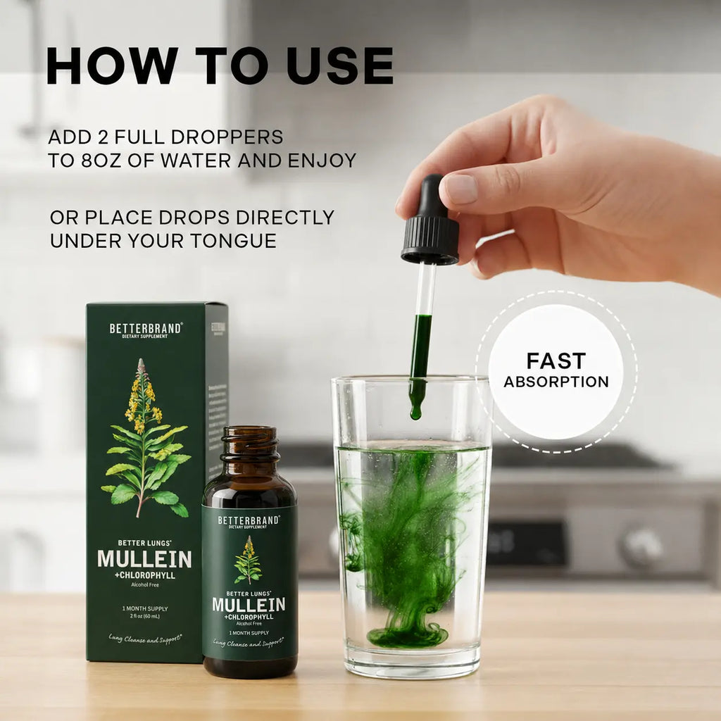 2-Piece Set Betterbrand Mullein Leaf & Chlorophyll Drops for Lung Detox & Mucus Cleanse - 30 Servings - Clinically Studied Natural Liquid Herbal Supplement for Respiratory Wellness