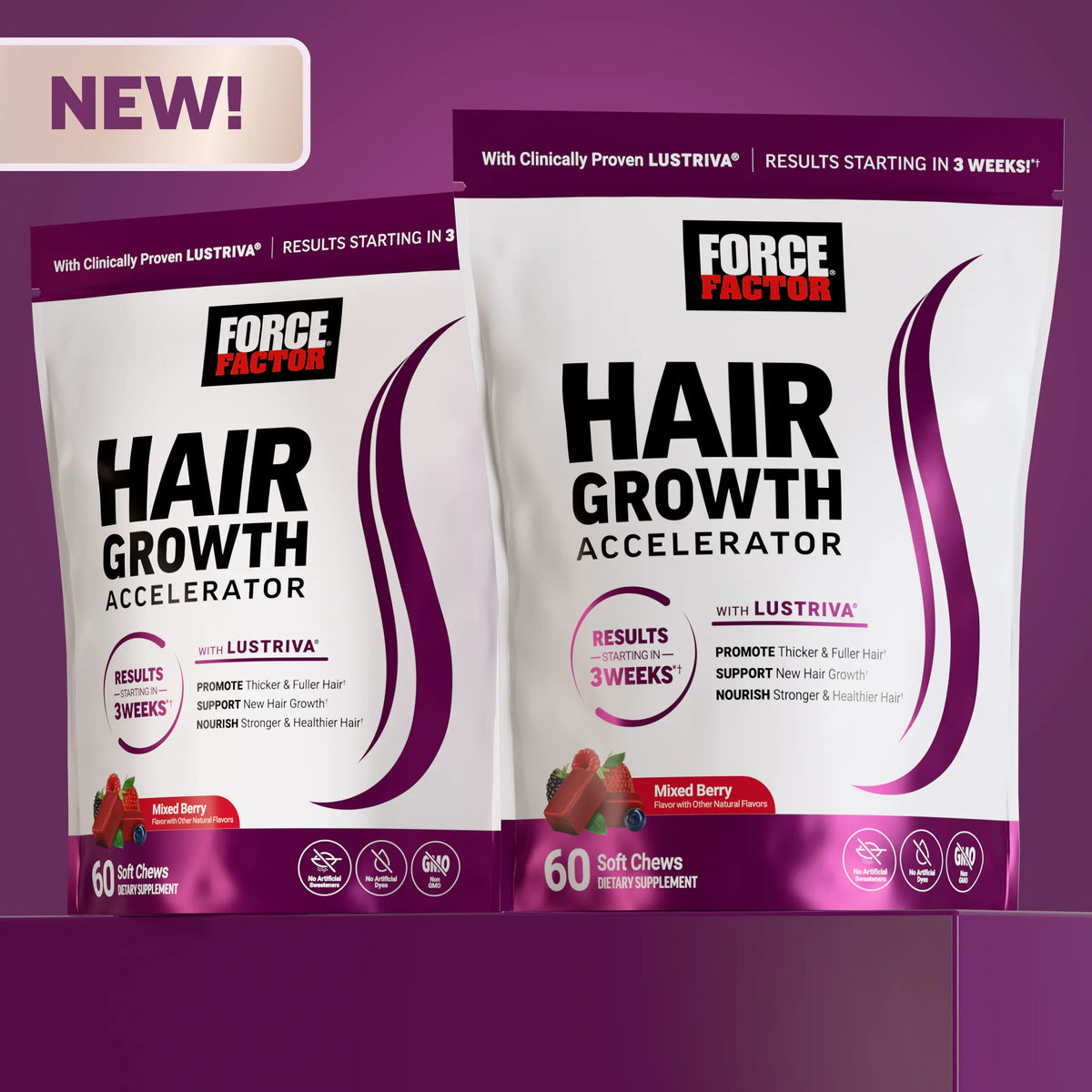 Force Factor Hair Growth Accelerator with Clinically Studied Lustriva to Promote Thicker, Stronger Hair, Biotin, Vitamin E & C, Mixed Berry, Soft Chew or Capsule