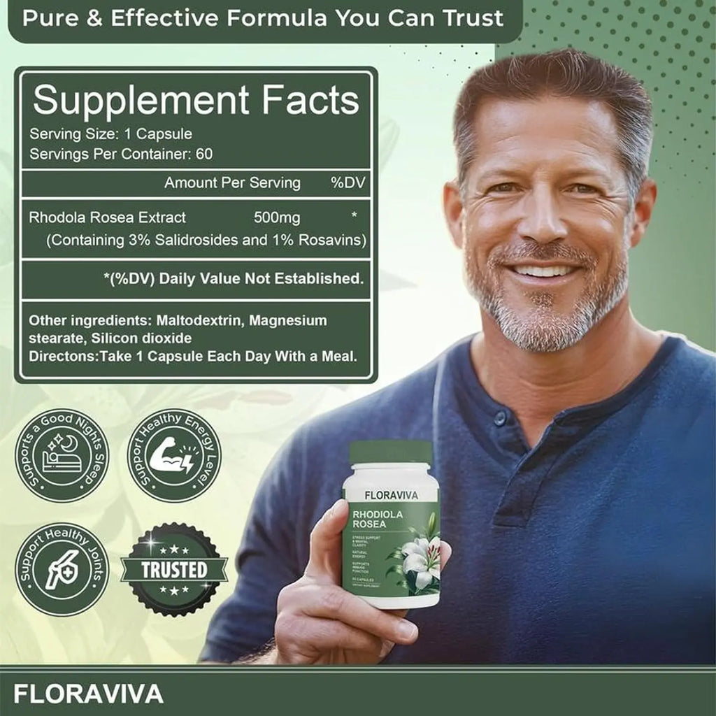 2-Piece Set Natural Rhodiola Rosea Wellness Capsules 500mg - Natural Adaptogen Supplement for Stress Support, Mental Focus & Energy - Non-GMO (60 Capsules) Dietary Supplement, More Natural ingredient