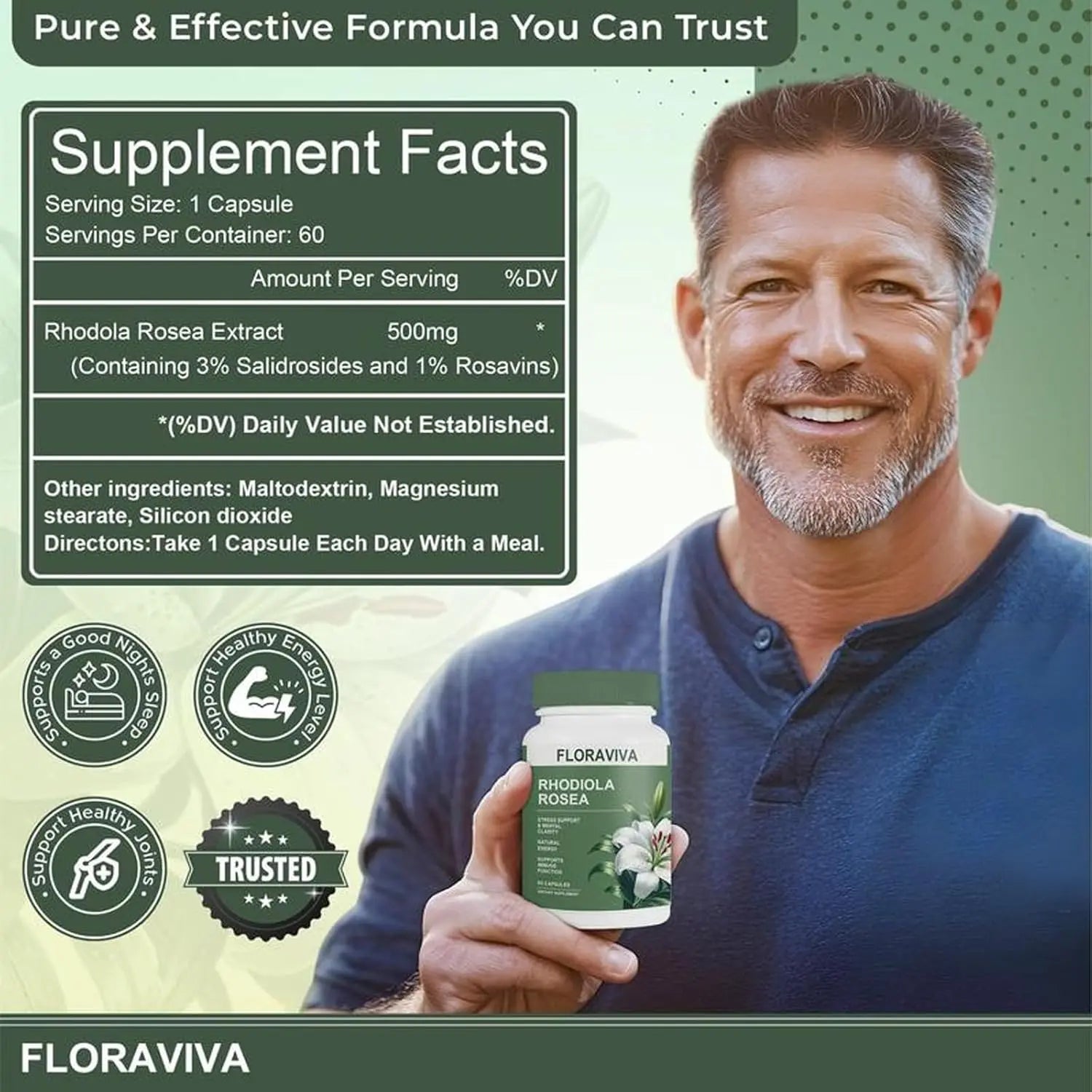 2-Piece Set Natural Rhodiola Rosea Wellness Capsules 500mg - Natural Adaptogen Supplement for Stress Support, Mental Focus & Energy - Non-GMO (60 Capsules) Dietary Supplement, More Natural ingredient