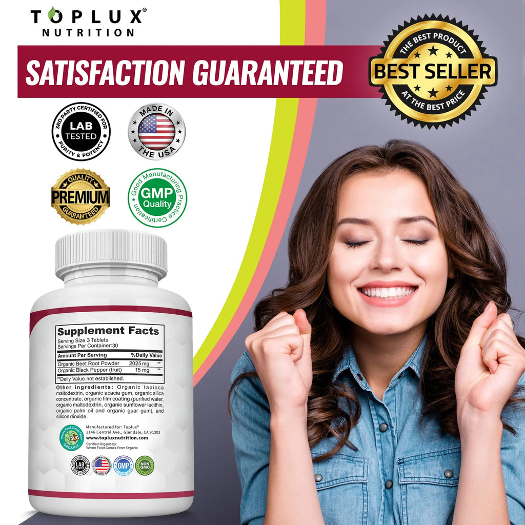 2-Piece Set Toplux Organic Beet Root Tablets -  Nitric Oxide Booster Beetroot Supplement 2040mg