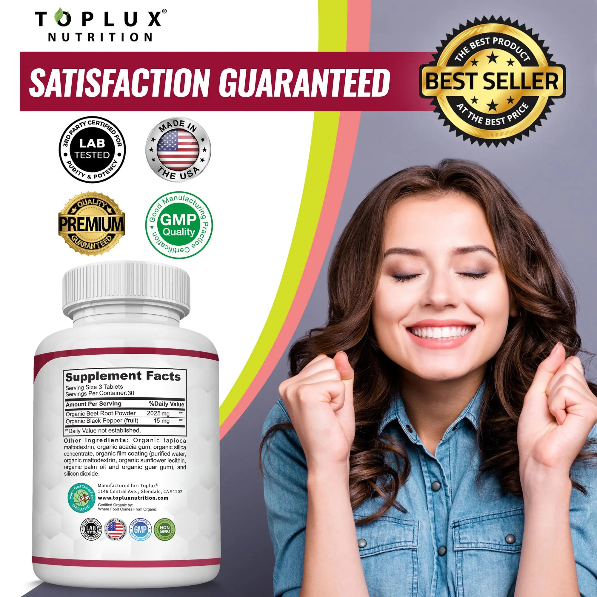 2-Piece Set Toplux Organic Beet Root Tablets -  Nitric Oxide Booster Beetroot Supplement 2040mg