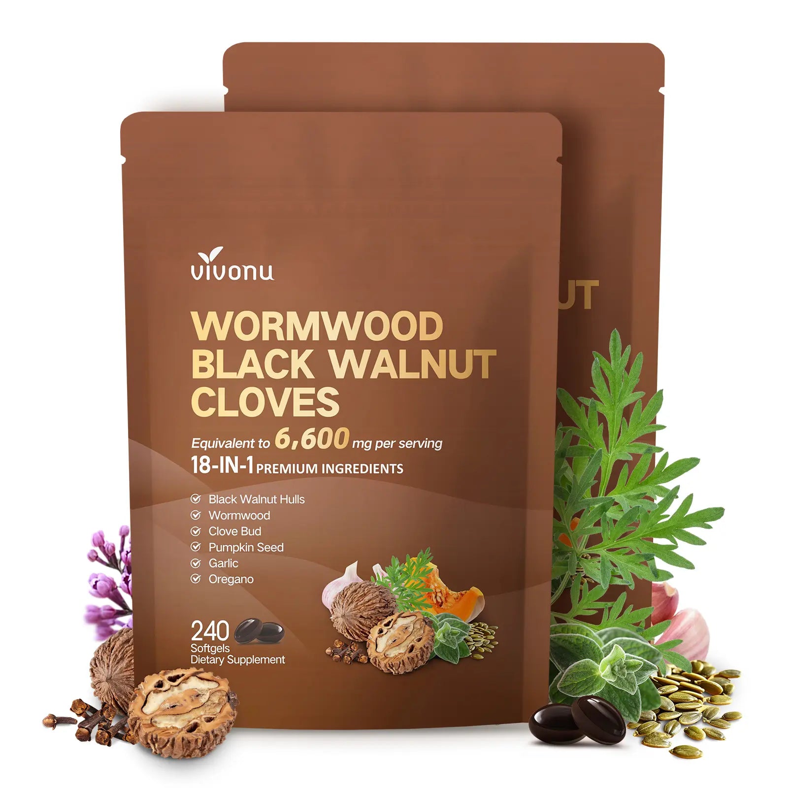 2-Piece Set VIVONU Wormwood Black Walnut Cloves Capsules - Boost Metabolism & Enhance Energy | Contains Black Walnut, Garlic, Wormwood, and More | 240 Capsules (80-Day Supply)
