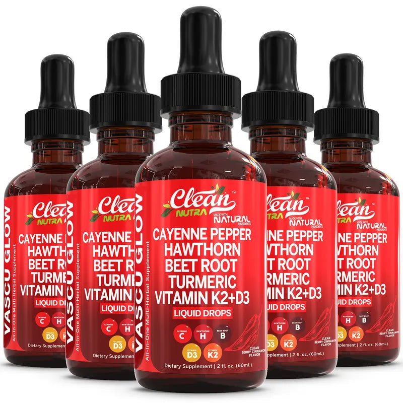 Clean Nutra Cayenne Pepper Supplement Drops + Hawthorn, Beet Root,Turmeric, Vitamin D3 K2 & More for Wellness Liquid Drop – Vascu Glow