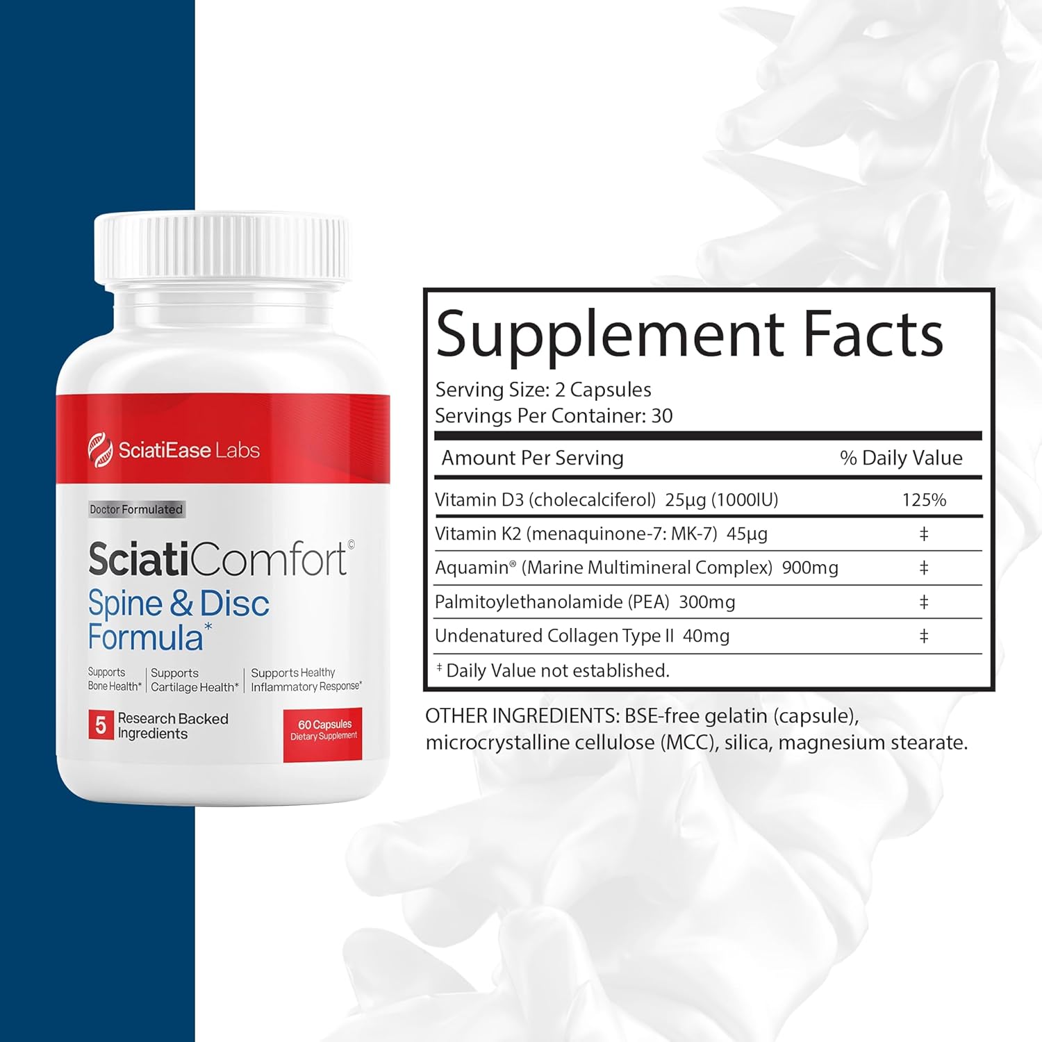 2-Piece Set SciatiEase SciatiComfort Spine and Disc Support Supplement Sciatic Nerve Health Support Supplement - VIT D3 K2, Aquamin, Calcium, Magnesium, Type II Collagen, Pea (Palm Collagen) - 30 Day Supply