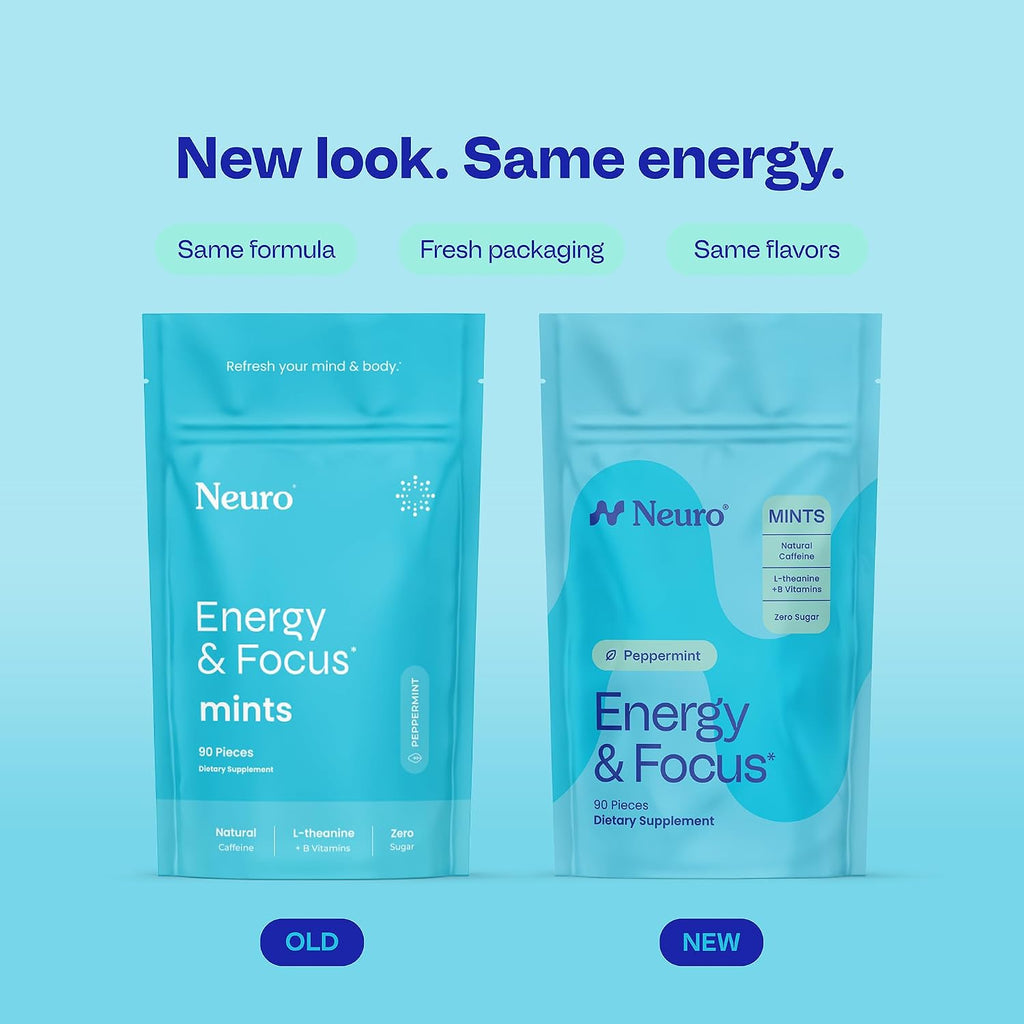 2-Piece Set Neuro Peppermint Energy & Focus Gum/Mints (90 Pieces) - Sugar Free with Natural Caffeine, L-theanine, Vitamin B12 & Vitamin B6