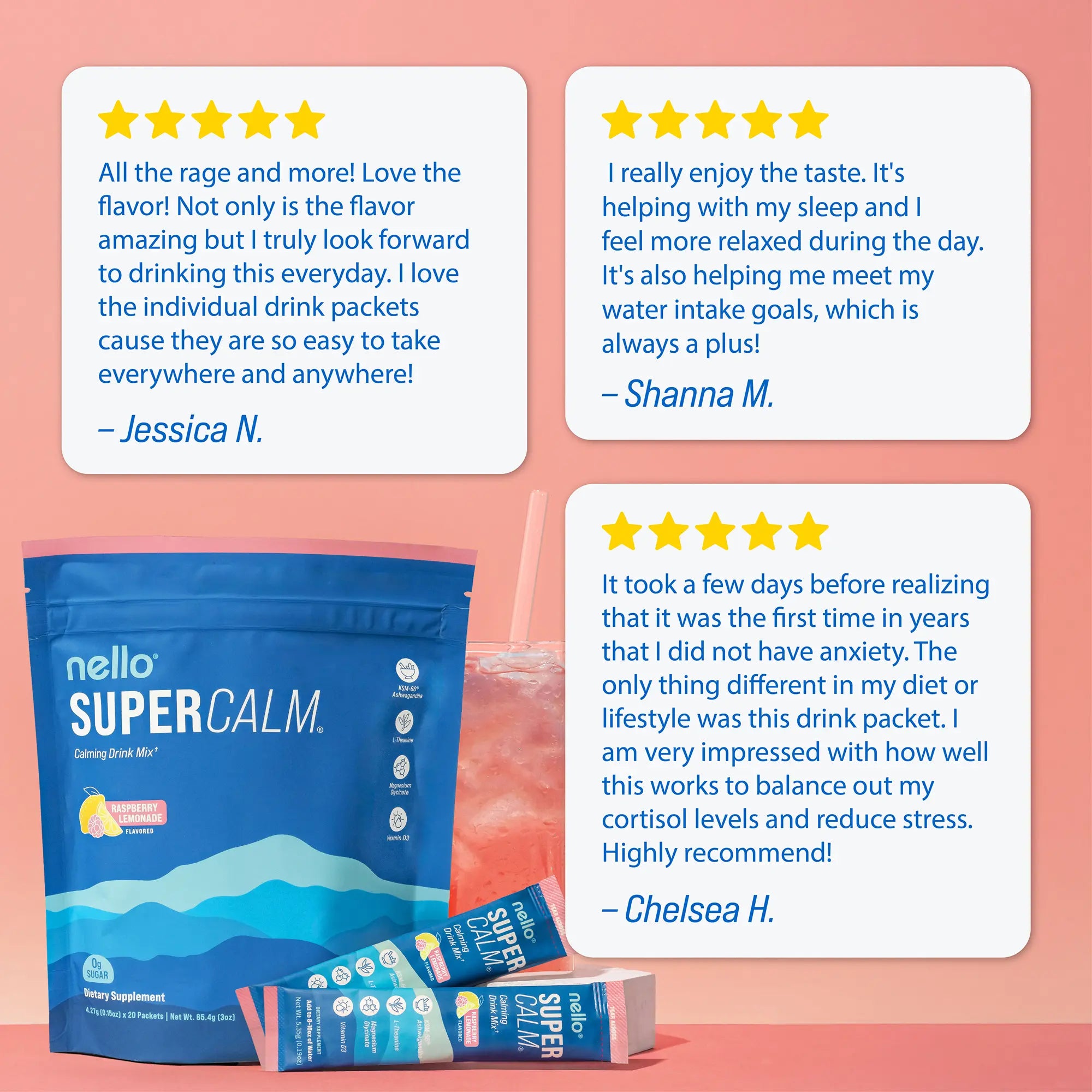 2-Piece Set Nello Supercalm Calming Drink Mix with KSM-66 Ashwagandha Vitamin D3 Magnesium & L-Theanine Supports Cortisol Balance Mood Sleep 20 Servings Travel Packets Dietary Supplement