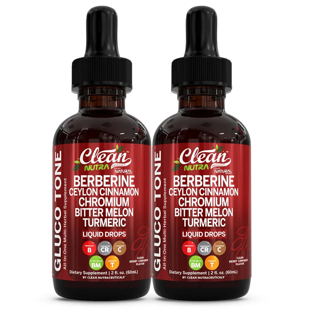 2-Piece Set Clean Nutra Berberine, Ceylon Cinnamon, Chromium, Bitter Melon, Turmeric, Glucomannan, Gymnema & More for Natural Wellness Liquid Drop – Gluco Tone