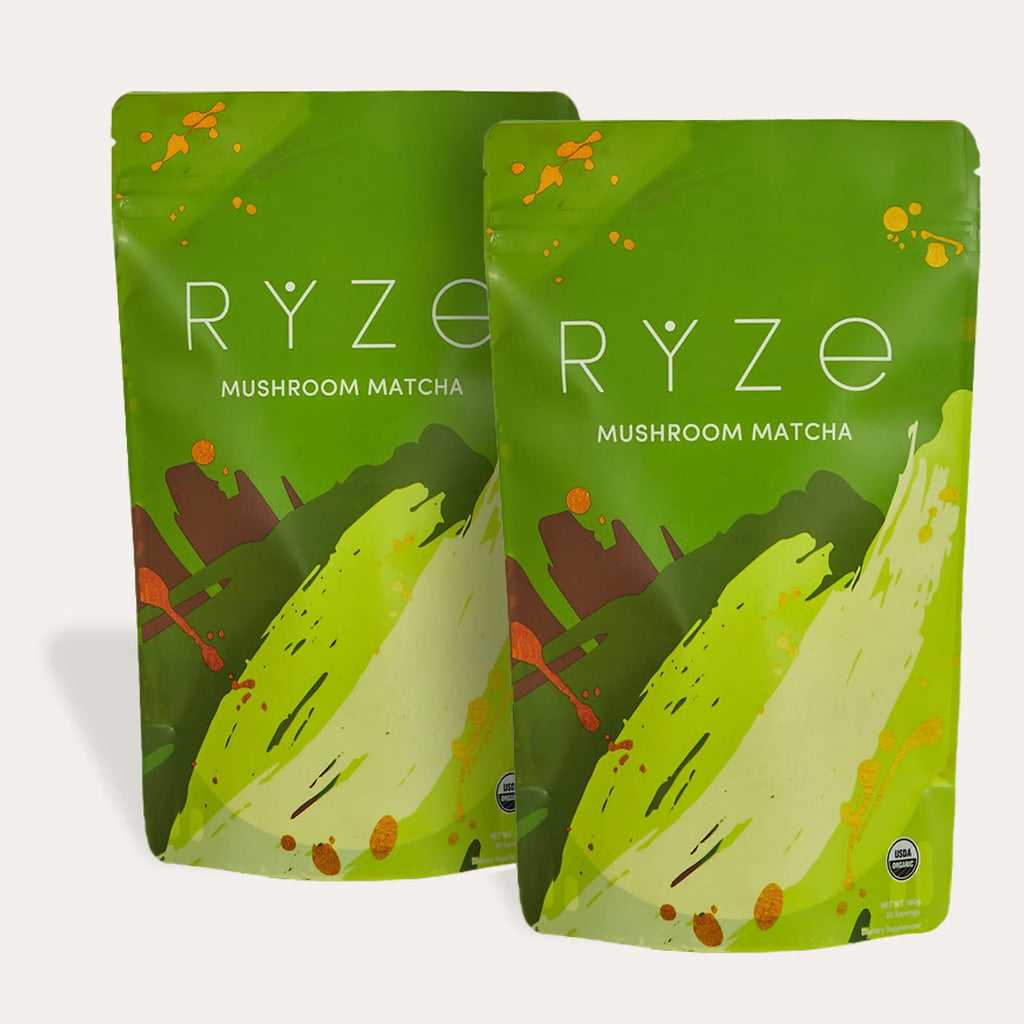 2-Piece Set RYZE Mushroom Matcha, USDA Organic with 6 Adaptogenic Mushrooms and Ceremonial-Grade Japanese Matcha for Energy, Focus, Digestion, Immunity with Turkey Tail, Shiitake, Lion's Mane, Reishi, 30 servings