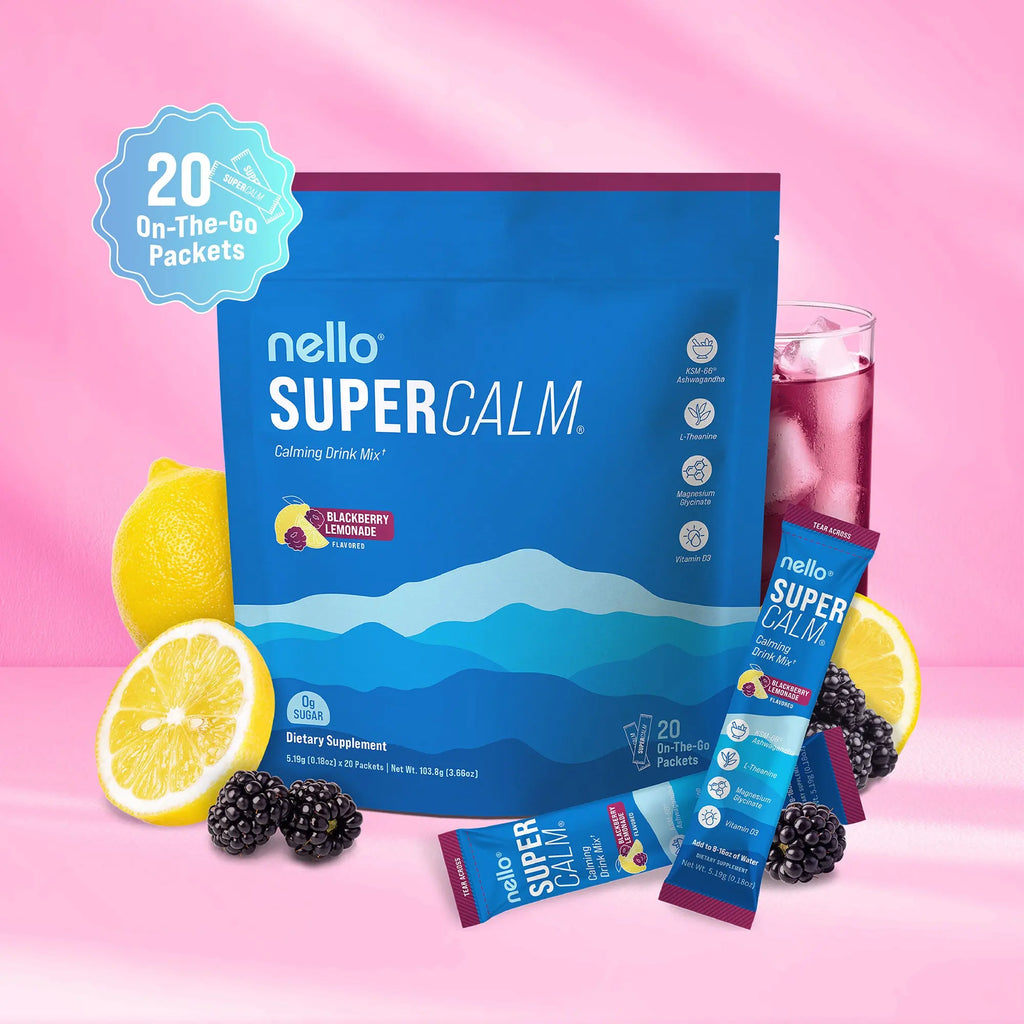 2-Piece Set Nello Supercalm Calming Drink Mix with KSM-66 Ashwagandha Vitamin D3 Magnesium & L-Theanine Supports Cortisol Balance Mood Sleep 20 Servings Travel Packets Dietary Supplement