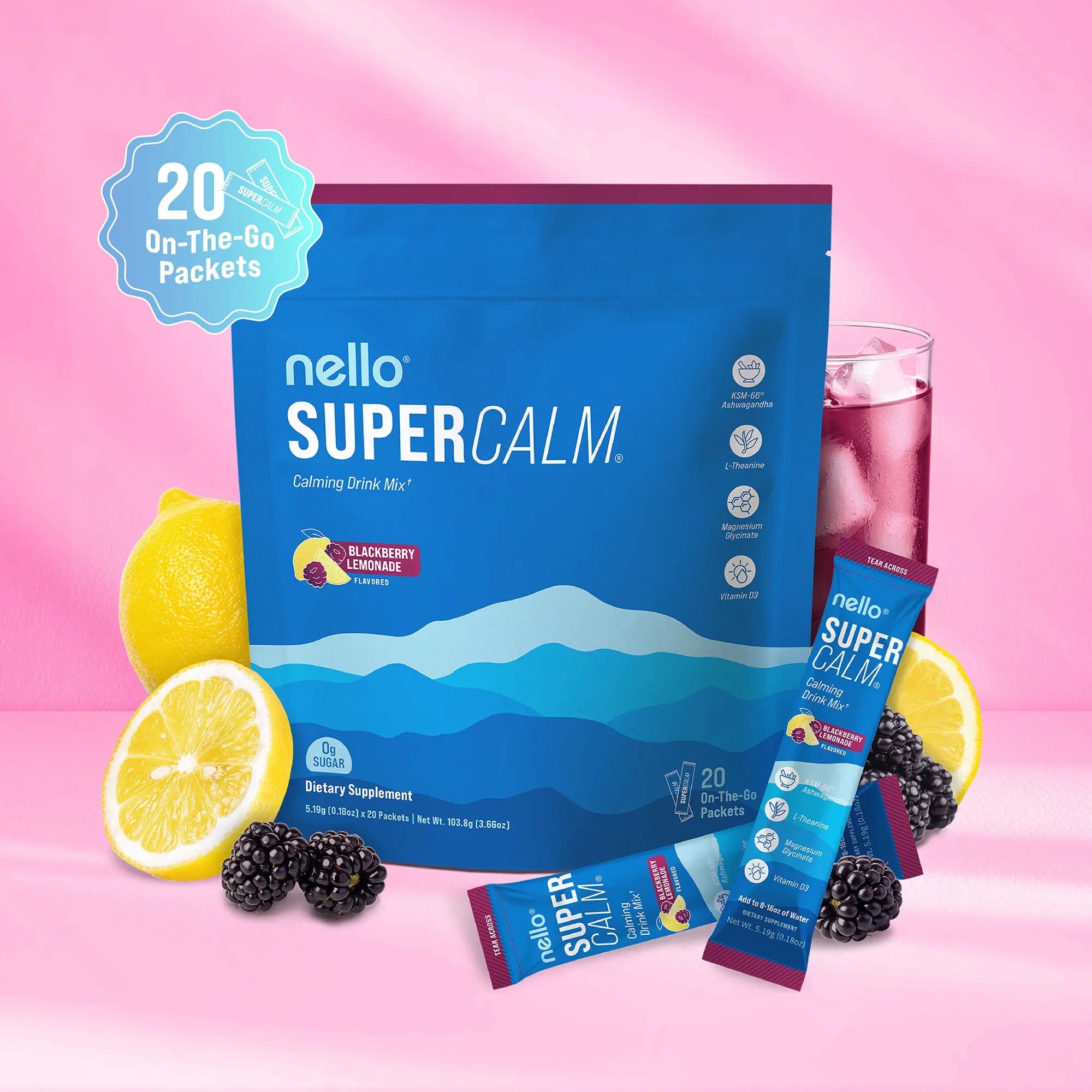 2-Piece Set Nello Supercalm Calming Drink Mix with KSM-66 Ashwagandha Vitamin D3 Magnesium & L-Theanine Supports Cortisol Balance Mood Sleep 20 Servings Travel Packets Dietary Supplement