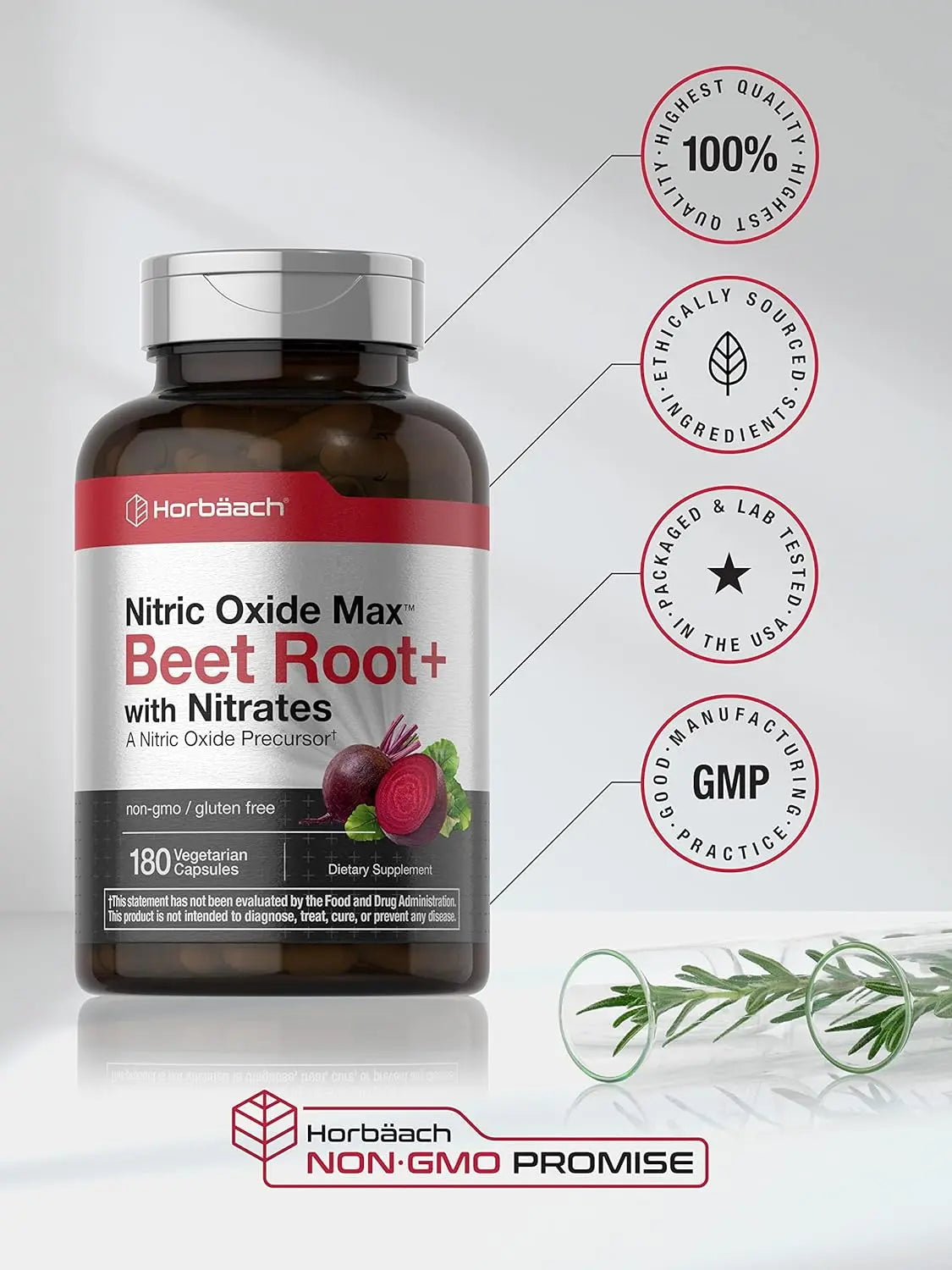 2-Piece Set Horbäach Nitric Oxide Beet Root Capsules | 180 Count | with Nitrates and Precursor | for Men and Women | Vegetarian, Non-GMO, Gluten Free Supplement