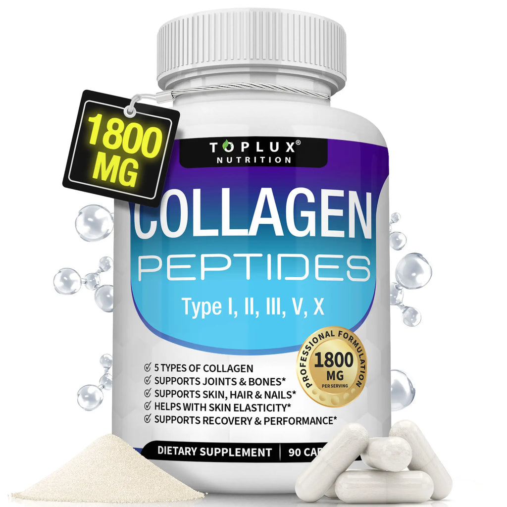 2-Piece Set Toplux Nutrition Collagen Peptides 5 Types Complex 1800mg US Made Dietary Supplement for Health Beauty Fitness 90 Capsules