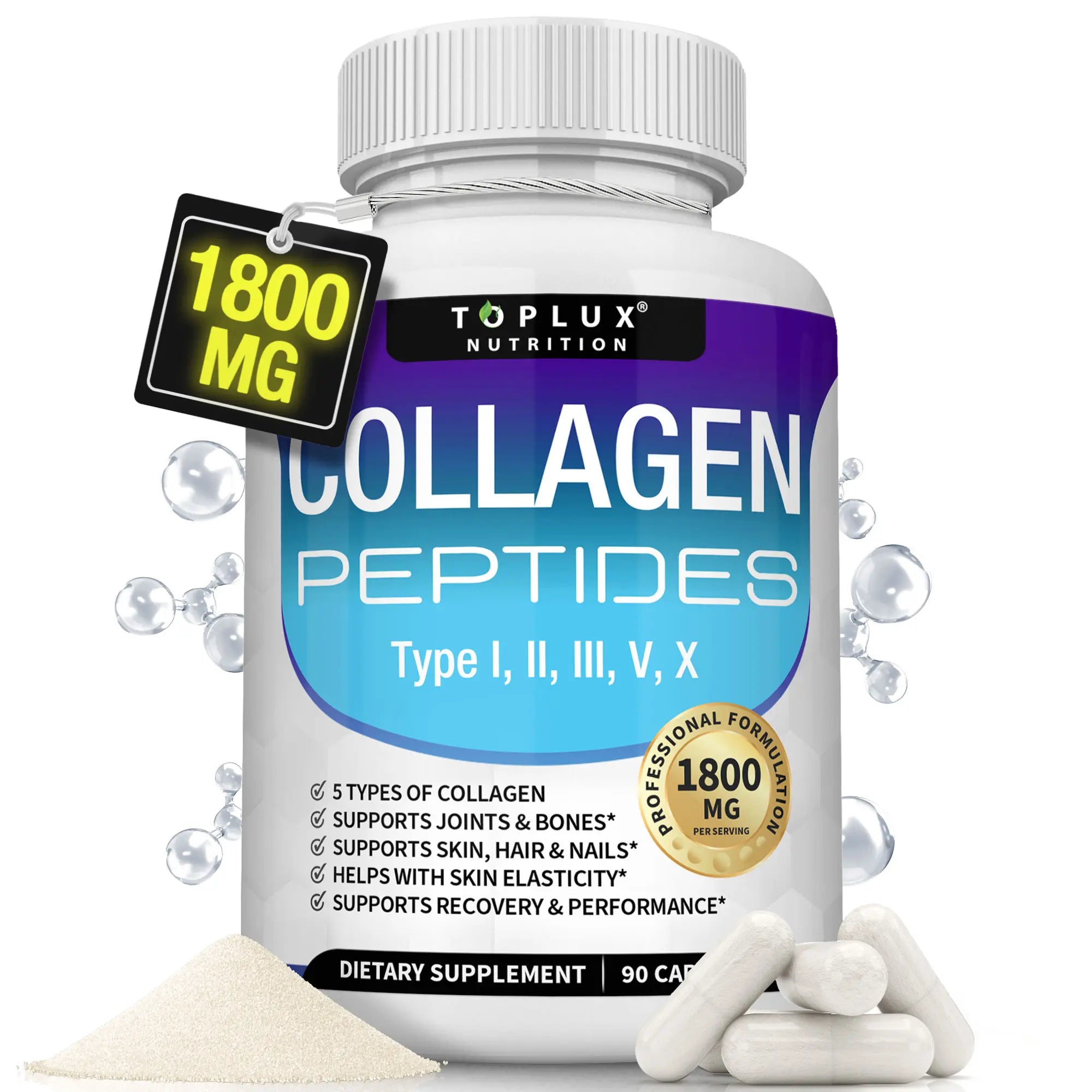 2-Piece Set Toplux Nutrition Collagen Peptides 5 Types Complex 1800mg US Made Dietary Supplement for Health Beauty Fitness 90 Capsules