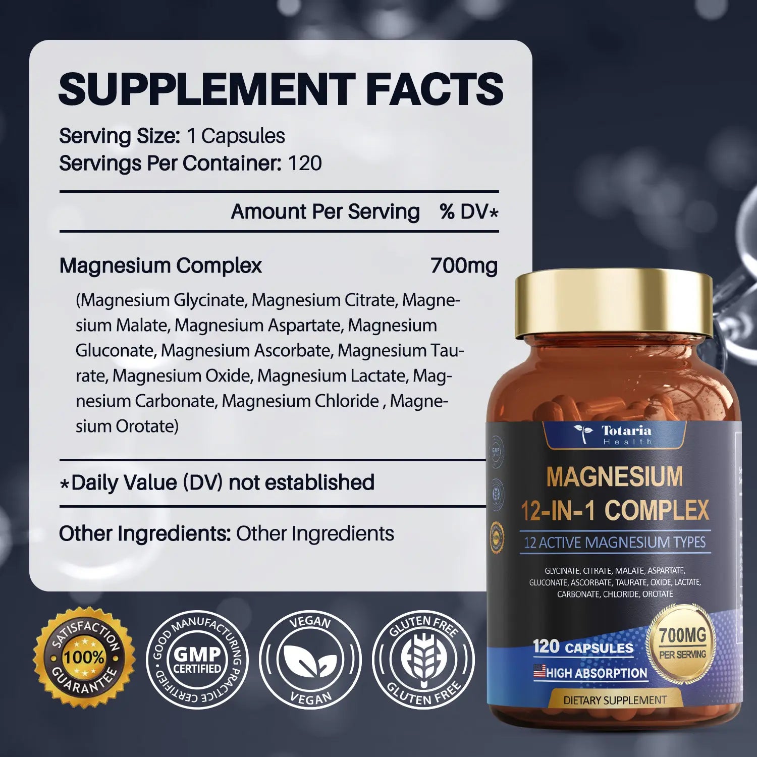 2-Piece Set Totaria 12-in-1 Magnesium Complex 700mg - Supplement with Glycinate Citrate Malate Oxide Taurate Aspartate Orotate, Vegan Capsules for Muscle, Heart, and Relaxation Support