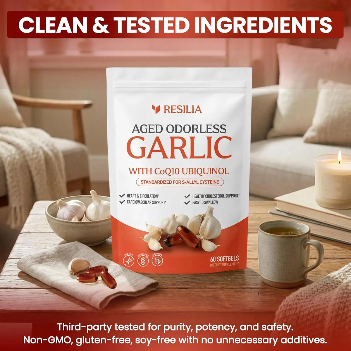 Odorless Aged Garlic Extract 600mg Softgels with CoQ10 (Ubiquinol) & Vitamin K2 (MK-7), 20-Month Aged Garlic Formula for Heart & Circulation Support, 60 Softgels