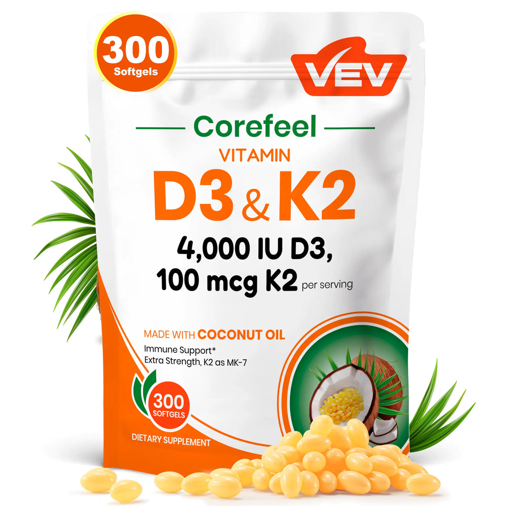 2-Piece Set VEV Corefeel Vitamin D3 K2 10000 IU, 300 Virgin Coconut Oil Softgels, 2 in 1 Vitamins Supplement D & K, Dietary Supplemental Pack, Mothersdaygift, Summervibes