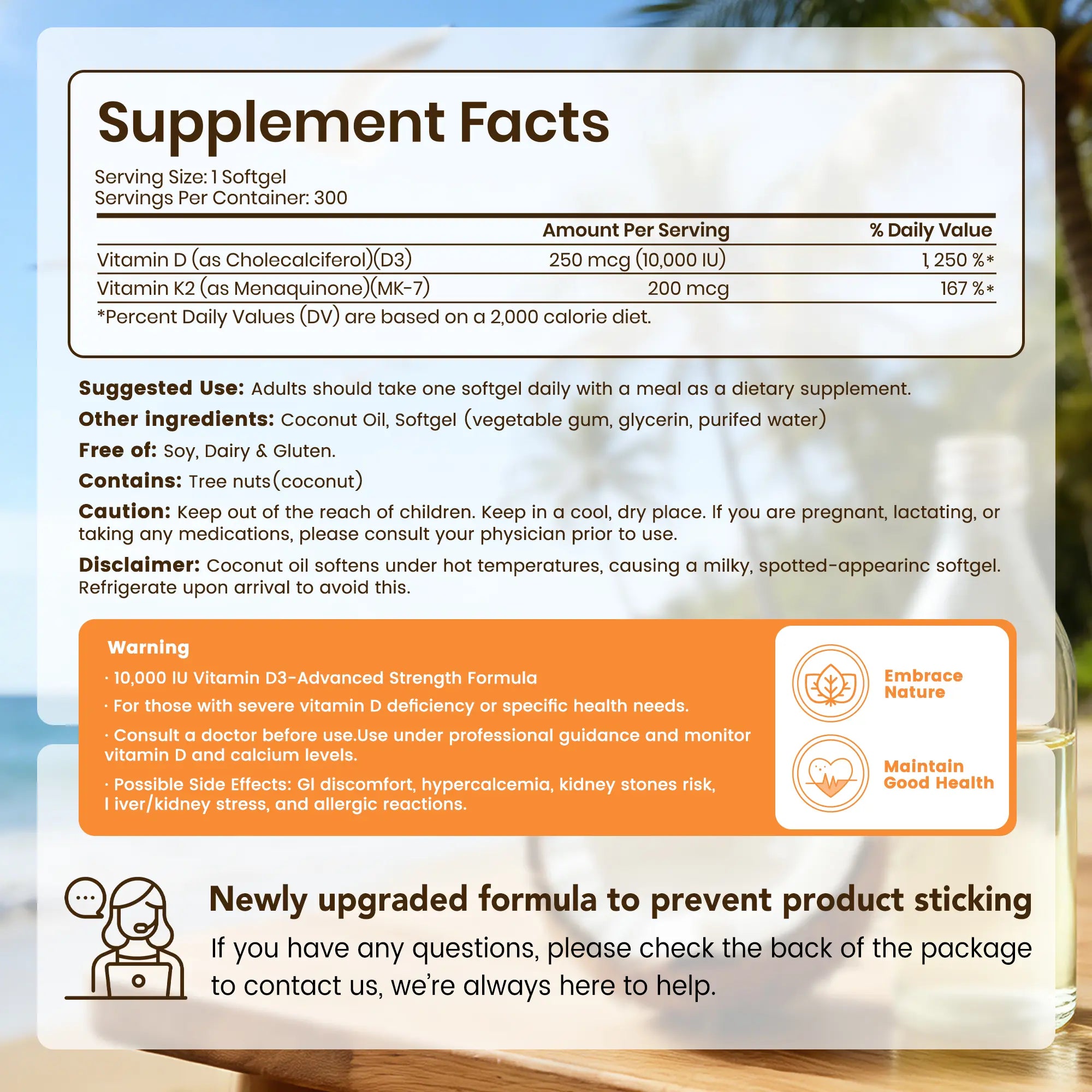 2-Piece Set VEV Corefeel Vitamin D3 K2 10000 IU, 300 Virgin Coconut Oil Softgels, 2 in 1 Vitamins Supplement D & K, Dietary Supplemental Pack, Mothersdaygift, Summervibes
