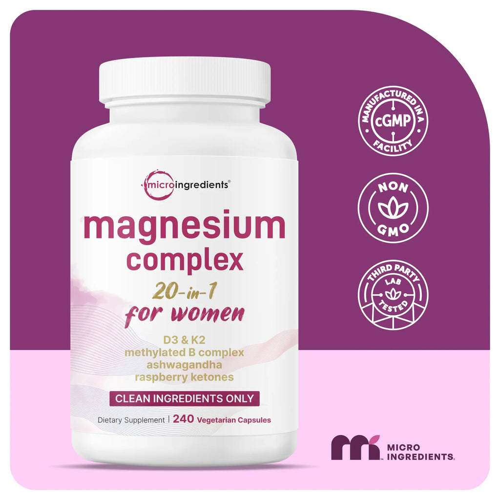 2-Piece Set Magnesium Complex for Women, 240 Vegetarian Capsules | 20-in-1 Formula - Magnesium Blend with Vitamin D3, K2, Ashwagandha & More | Filler Free, Non-GMO