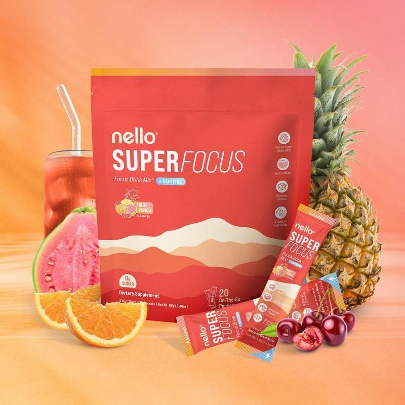 2-Piece Set Nello Superfocus – Nootropic Drink Mix with Lion’s Mane, Rhodiola & Alpha-GPC – Supports Memory, Brain Health & Mental Stamina, Enhances Clarity & Sharpness, Helps Fight Brain Fog – Travel Packets (20 Servings) Healthcare Convenient
