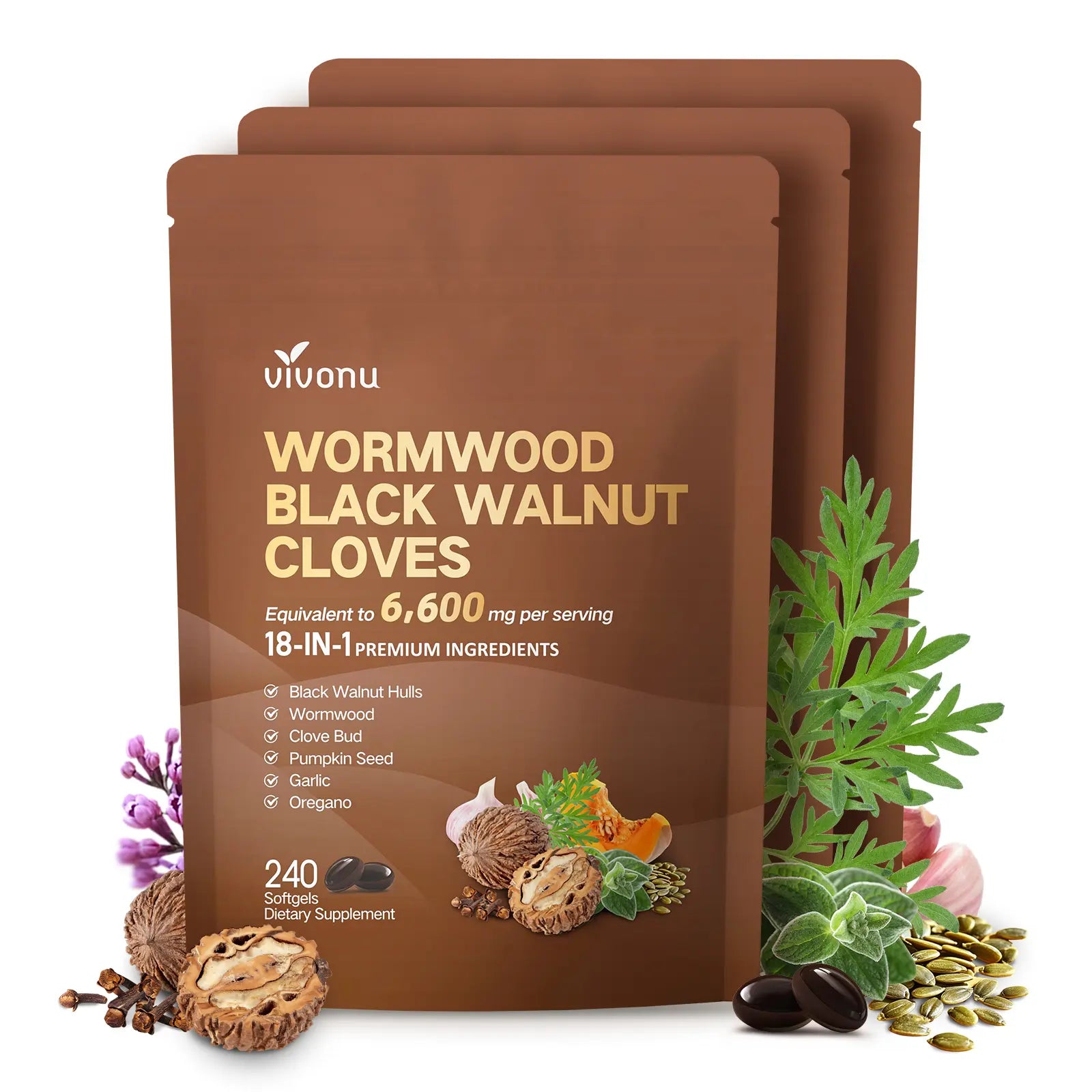 2-Piece Set VIVONU Wormwood Black Walnut Cloves Capsules - Boost Metabolism & Enhance Energy | Contains Black Walnut, Garlic, Wormwood, and More | 240 Capsules (80-Day Supply)