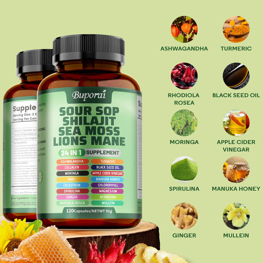 2-Piece Set Soursop Dietary Supplement, rich in antioxidants, 120 capsules per bottle, with added shiitake mushroom, seaweed, and lion's mane mushroom, 24 in 1, supports skin, joint, and bone health.