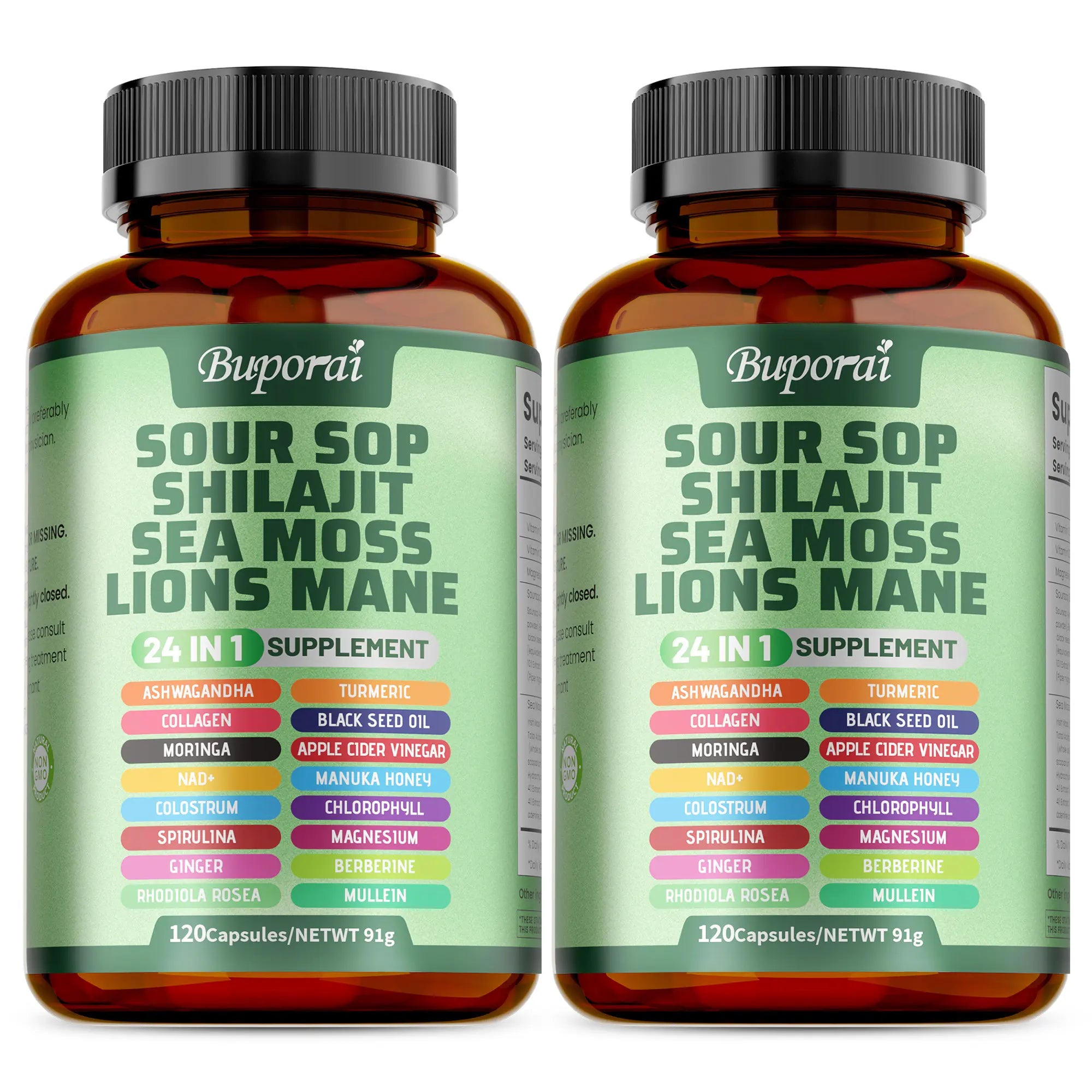 2-Piece Set Soursop Dietary Supplement, rich in antioxidants, 120 capsules per bottle, with added shiitake mushroom, seaweed, and lion's mane mushroom, 24 in 1, supports skin, joint, and bone health.