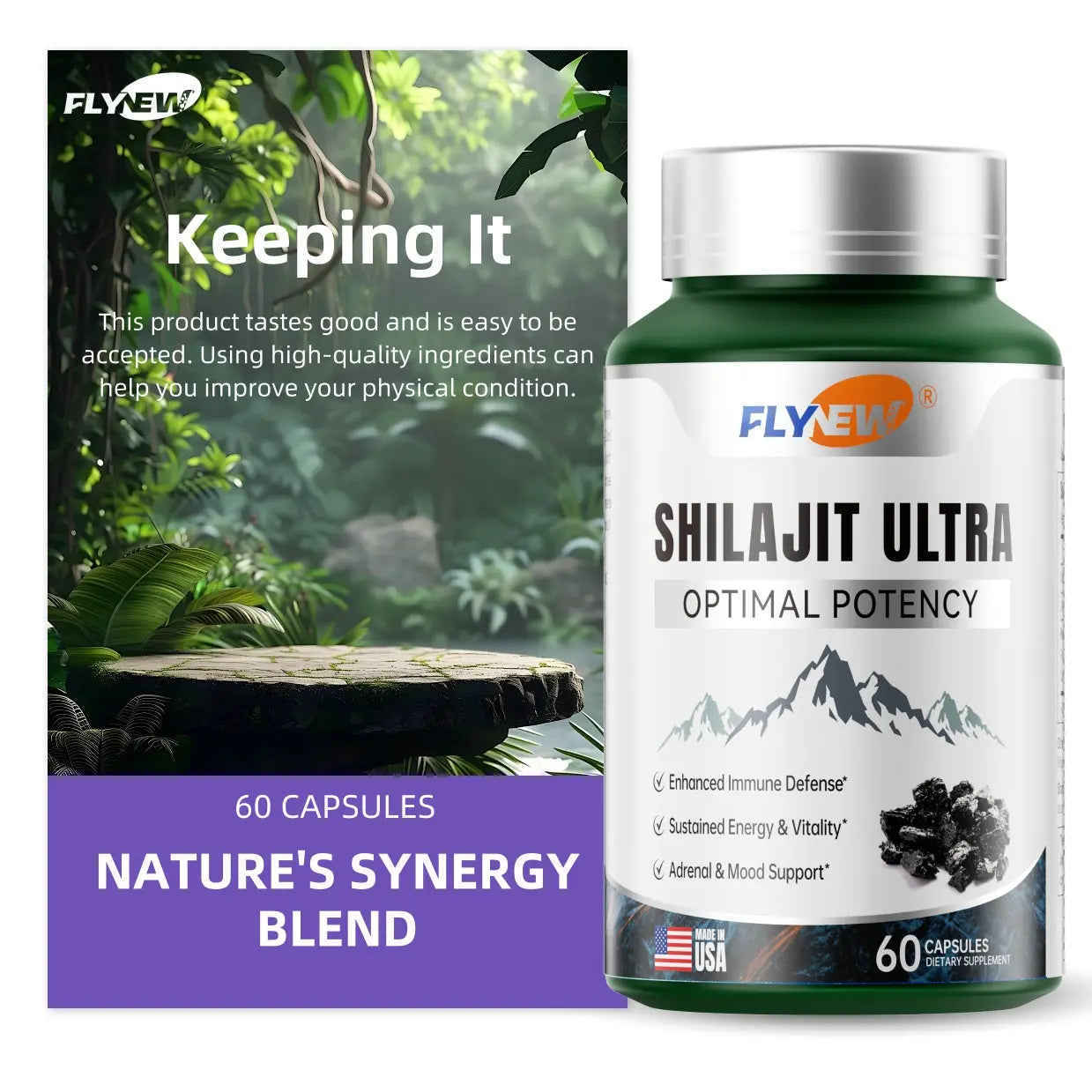 2-Piece Set FLYNEW Optimal Potency | Shilajit Ultra | Adaptogen Energy Stamina Immune Antioxidants | Made in USA | 60 Capsules